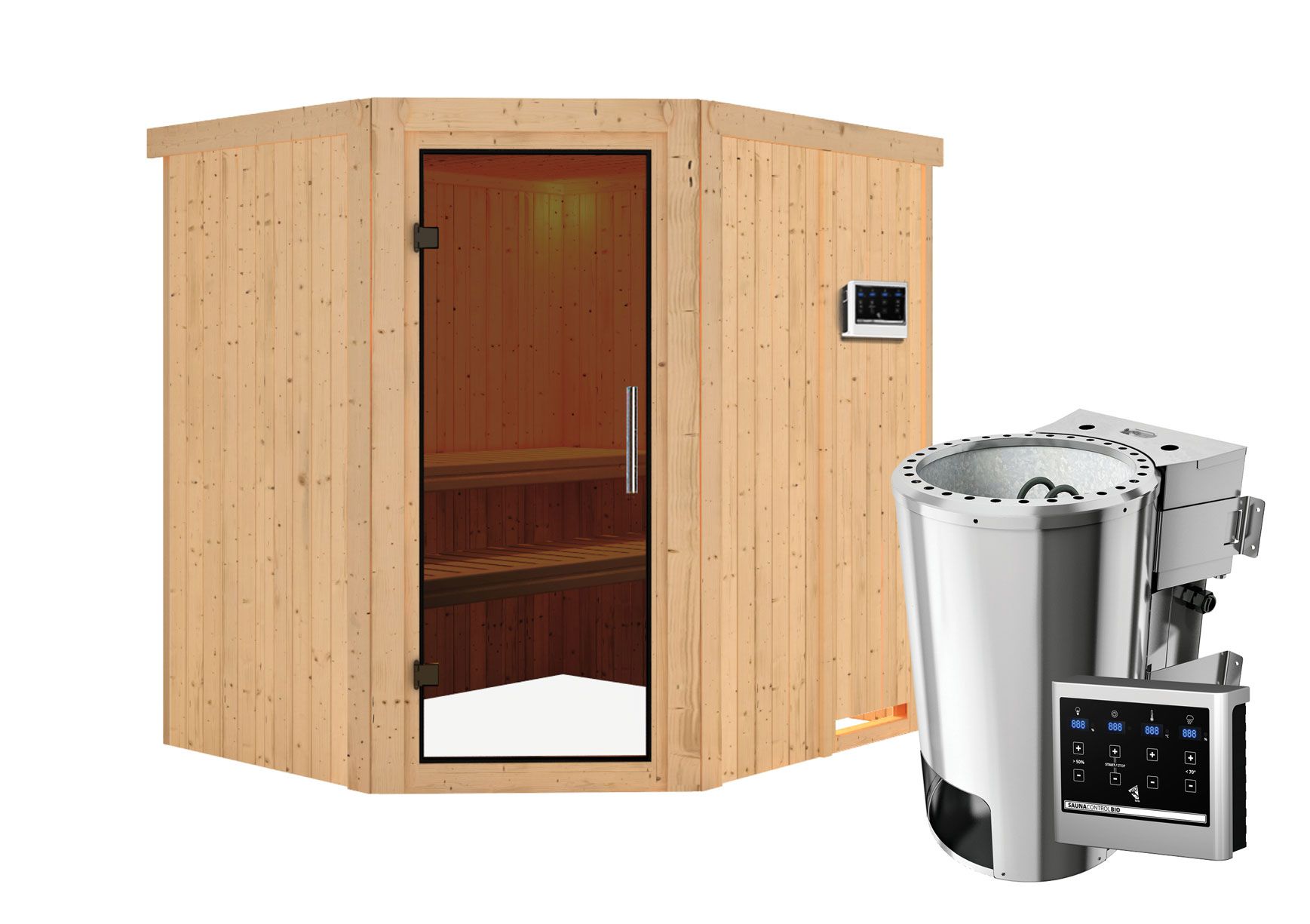 Sauna "Askjell" SET mit graphitfarbener Tür & Ofen BIO 3,6 kW - 196 x 170 x 198 cm (B x T x H)