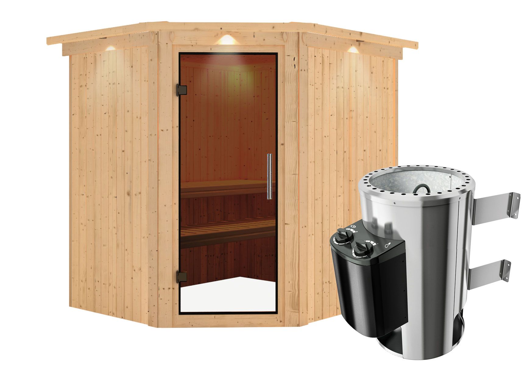 Sauna "Askjell" SET mit graphitfarbener Tür, Kranz & Ofen 3,6 kW - 210 x 184 x 202 cm (B x T x H)