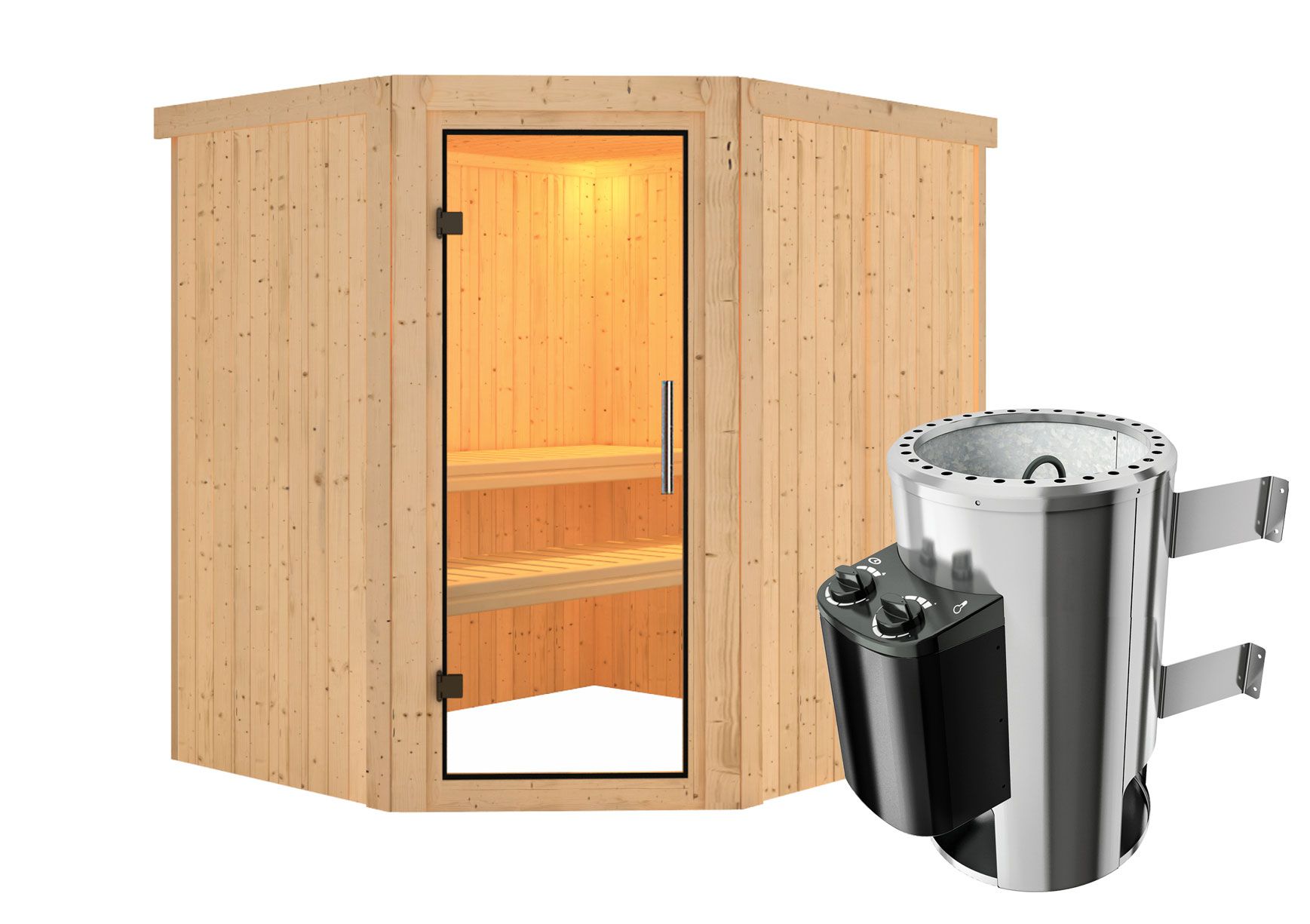 Sauna "Askjell" SET AKTION mit Klarglastür & Ofen 3,6 kW - 196 x 170 x 198 cm (B x T x H)