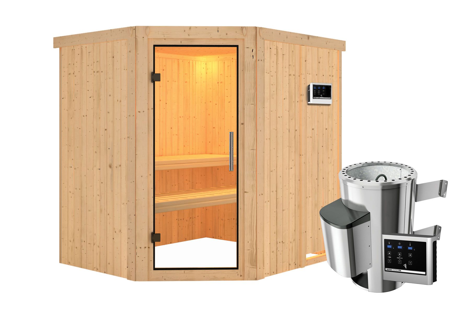 Sauna "Askjell" SET AKTION mit Klarglastür - Farbe: Natur, Ofen externe Steuerung easy 3,6 kW - 196 x 170 x 198 cm (B x T x H)