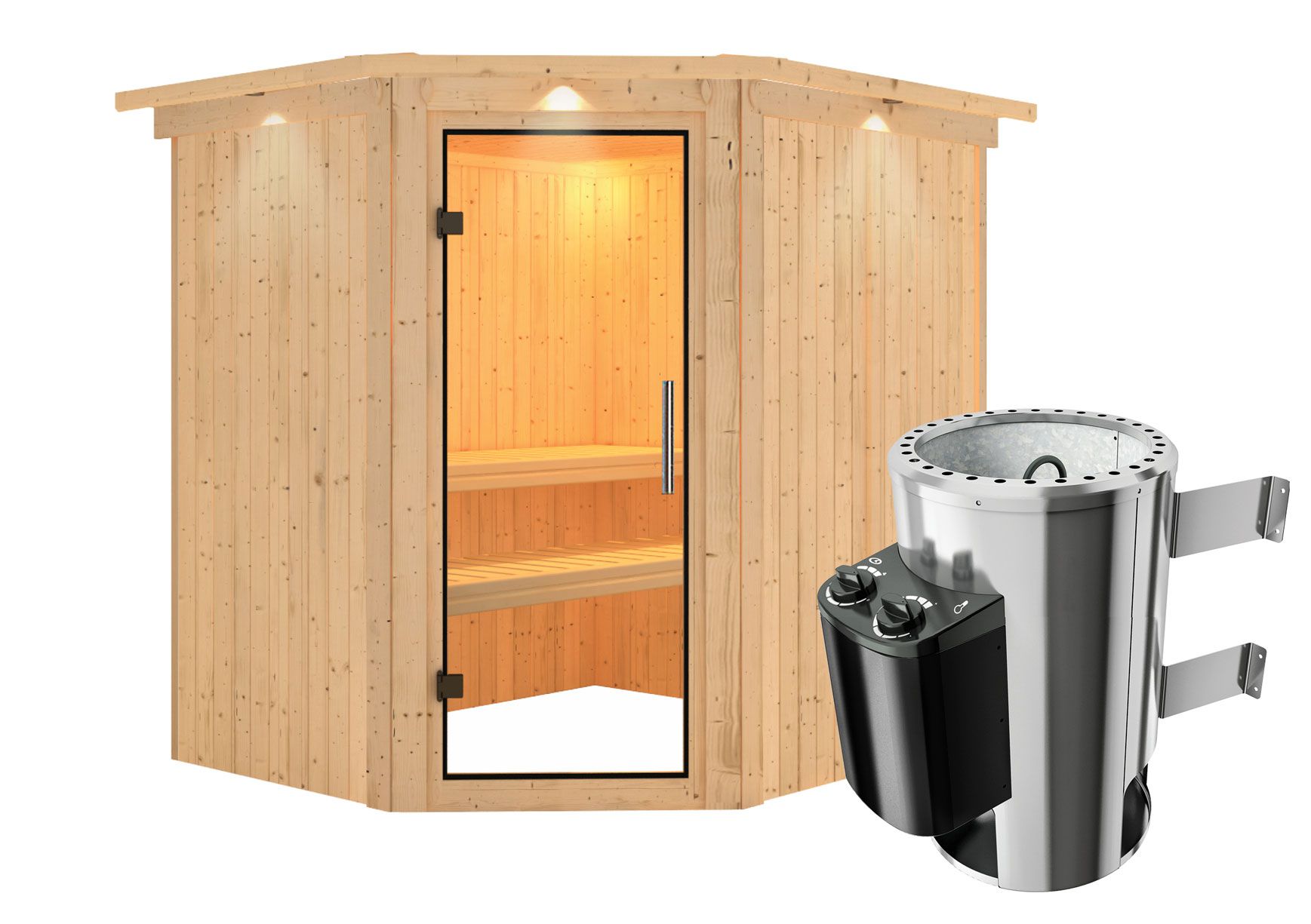 Sauna "Askjell" SET AKTION mit Klarglastür, Kranz & Ofen 3,6 kW - 210 x 184 x 202 cm (B x T x H)