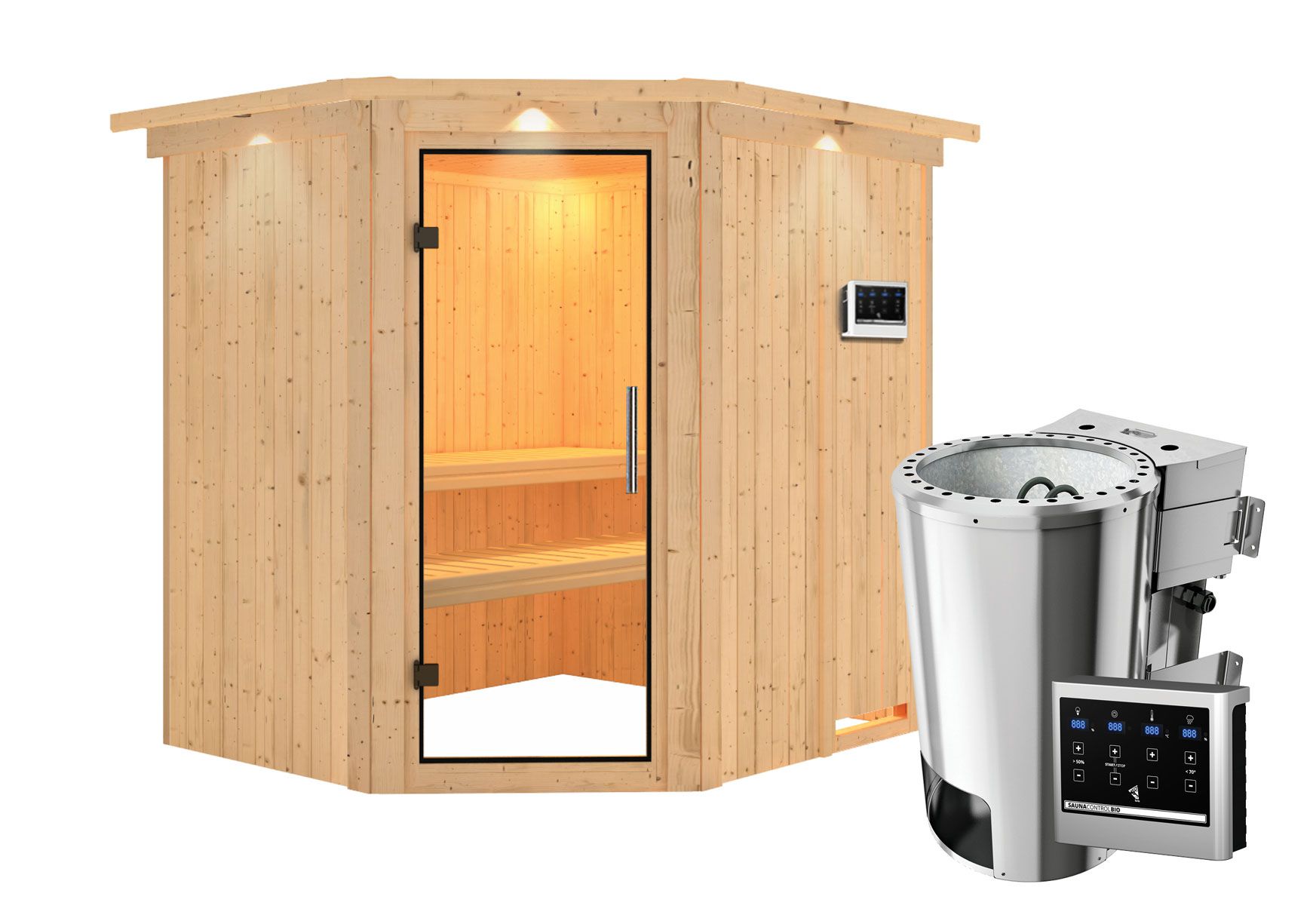 Sauna "Askjell" SET AKTION mit Klarglastür, Kranz & Ofen BIO 3,6 kW - 210 x 184 x 202 cm (B x T x H)