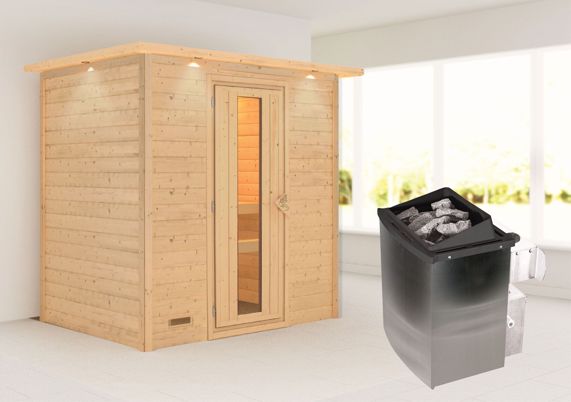 Sauna "Holmger" SET AKTION mit Energiespartür, Kranz & Ofen 9 kW - 224 x 160 x 202 cm (B x T x H)