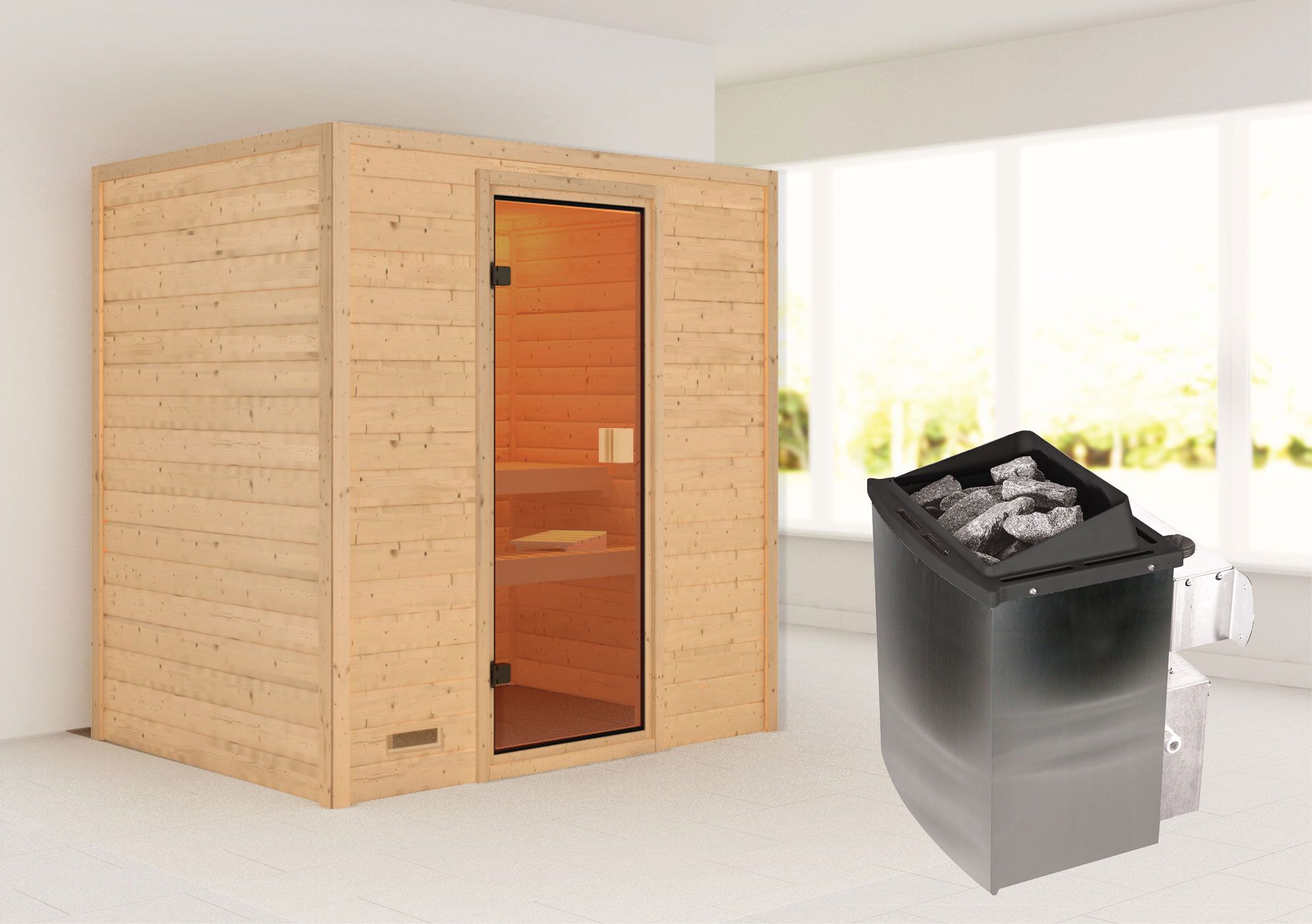 Sauna "Holmger" SET AKTION mit bronzierter Tür & Ofen 9 kW - 196 x 146 x 198 cm (B x T x H)