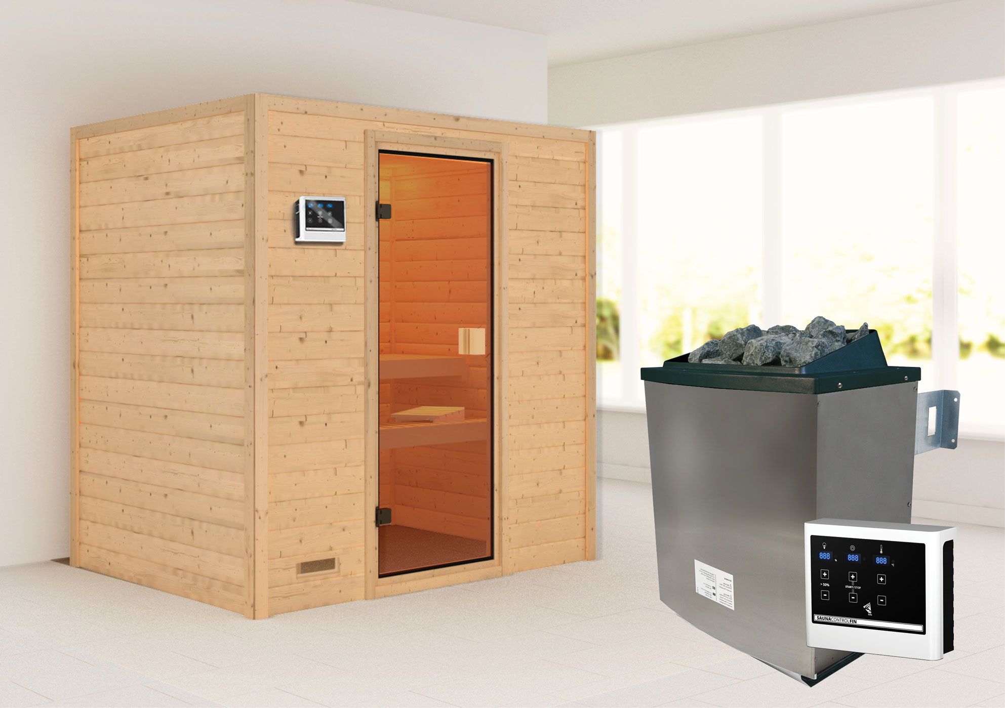 Sauna "Holmger" SET AKTION mit bronzierter Tür & Ofen externe Steuerung easy 9 KW - 196 x 146 x 198 cm (B x T x H)