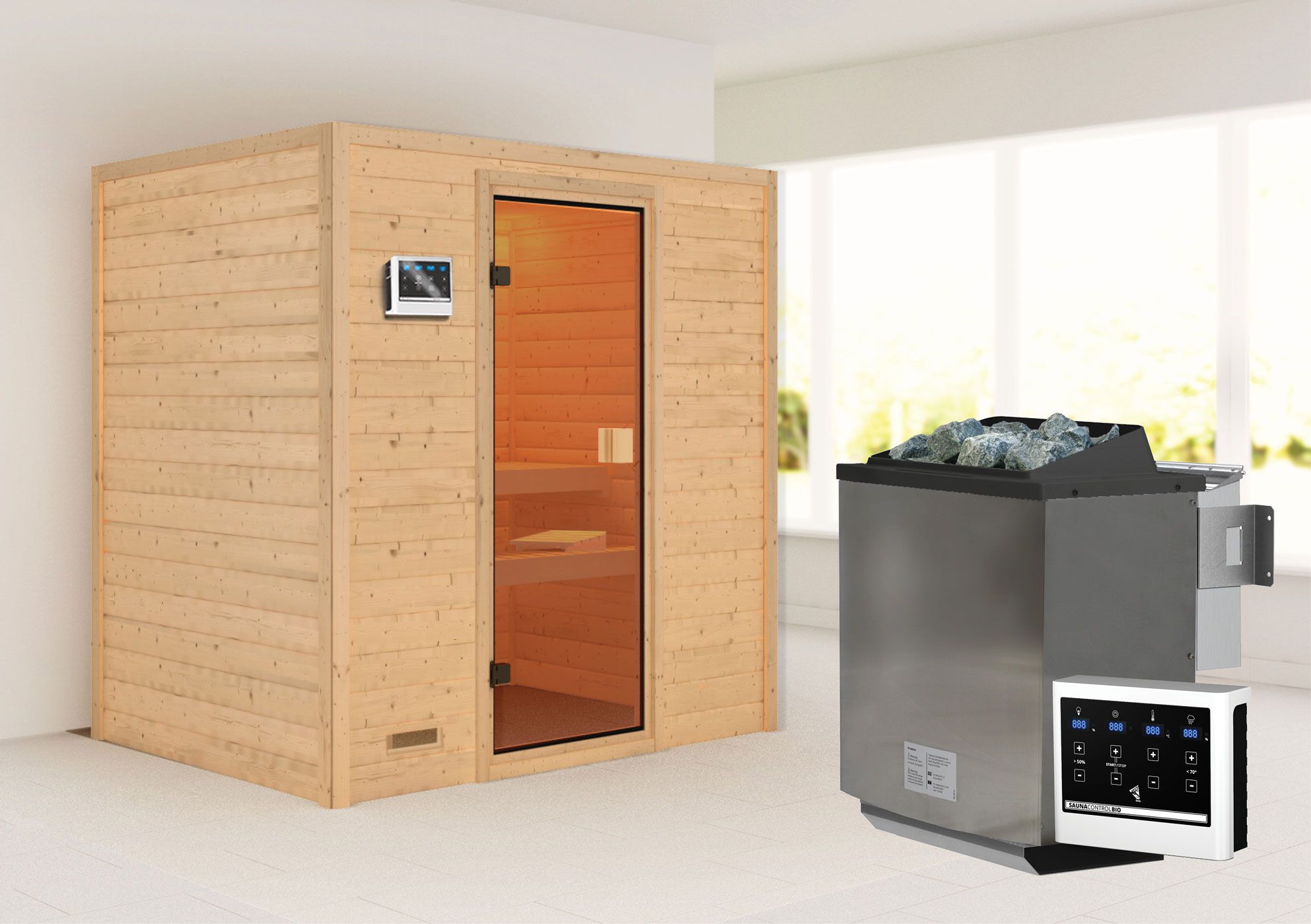 Sauna "Holmger" SET AKTION mit bronzierter Tür & Ofen BIO 9 kW - 196 x 146 x 198 cm (B x T x H)