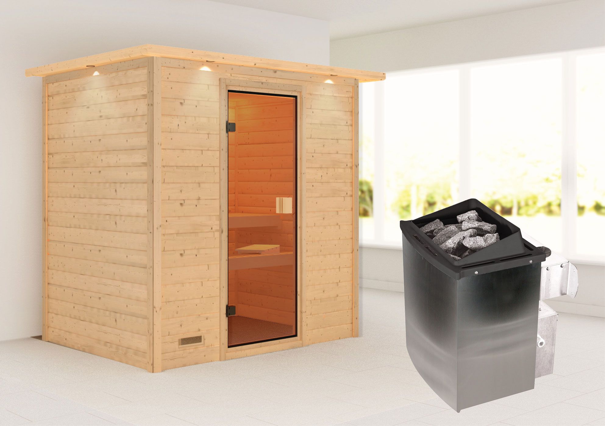 Sauna "Holmger" SET AKTION mit bronzierter Tür, Kranz & Ofen 9 KW - 224 x 160 x 202 cm (B x T x H)