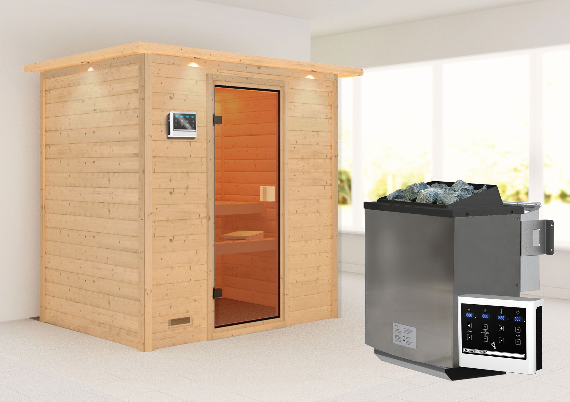 Sauna "Holmger" SET AKTION mit bronzierter Tür, Kranz & Ofen BIO 9 kW - 224 x 160 x 202 cm (B x T x H)
