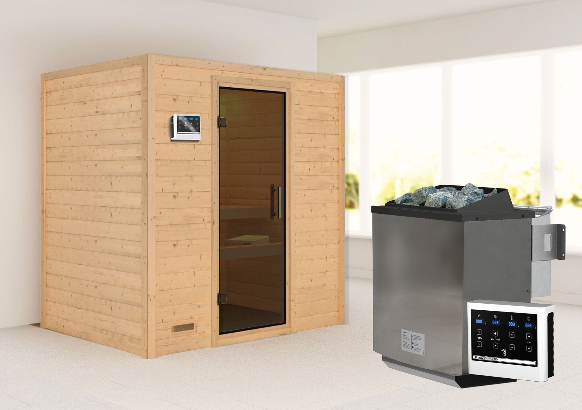 Sauna "Holmger" SET AKTION mit graphitfarbener Tür & Ofen BIO 9 kW - 196 x 146 x 198 cm (B x T x H)