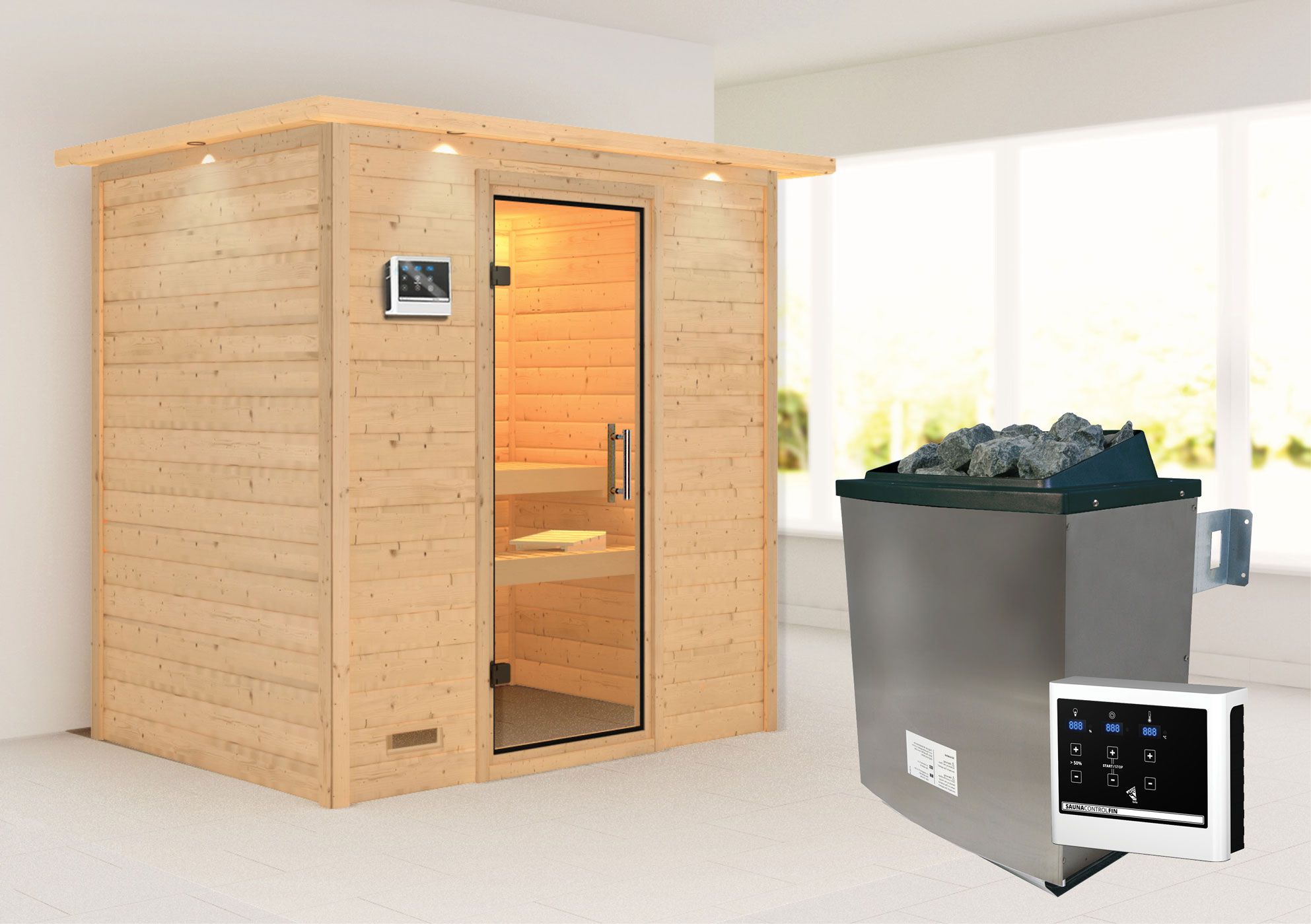 Sauna "Holmger" SET AKTION mit Klarglastür, Kranz & Ofen externe Steuerung easy 9 KW - 224 x 160 x 202 cm (B x T x H)