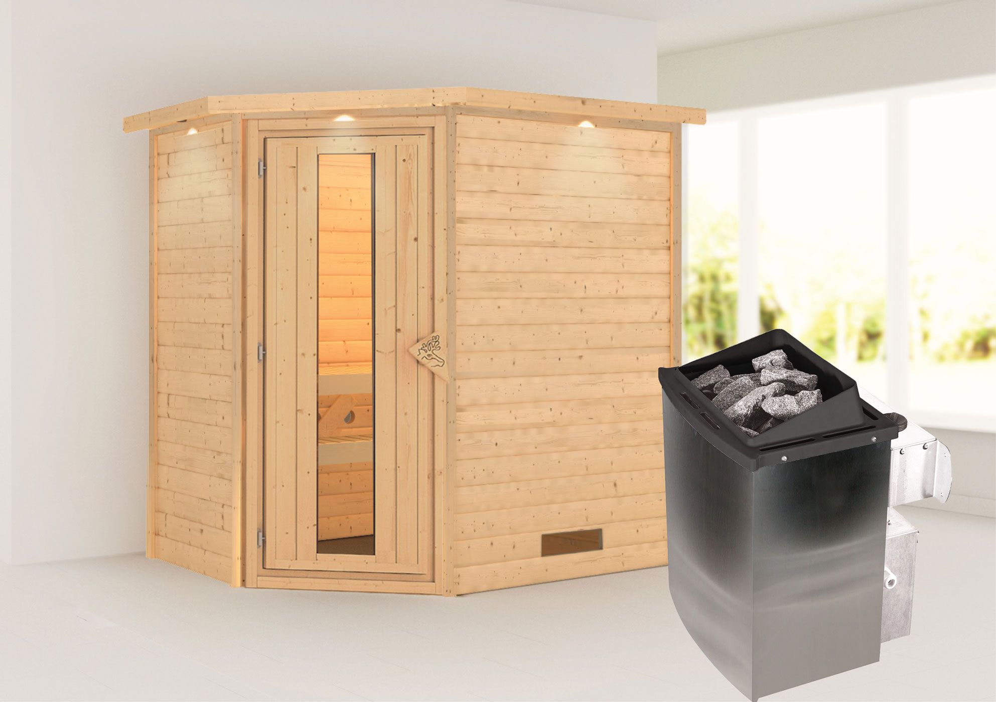 Sauna "Jannik" SET AKTION mit Energiespartür, Kranz & Ofen 9 kW - 224 x 160 x 202 cm (B x T x H)