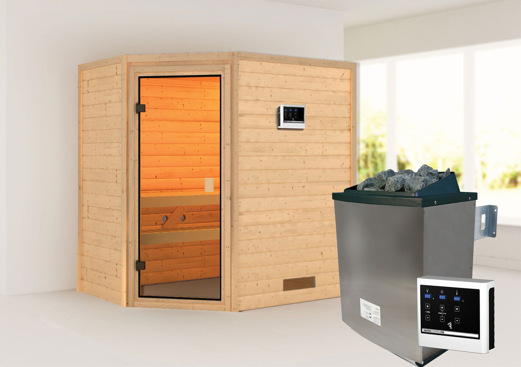 Sauna "Jannik" SET AKTION mit bronzierter Tür & Ofen externe Steuerung easy 9 KW - 196 x 146 x 198 cm (B x T x H)
