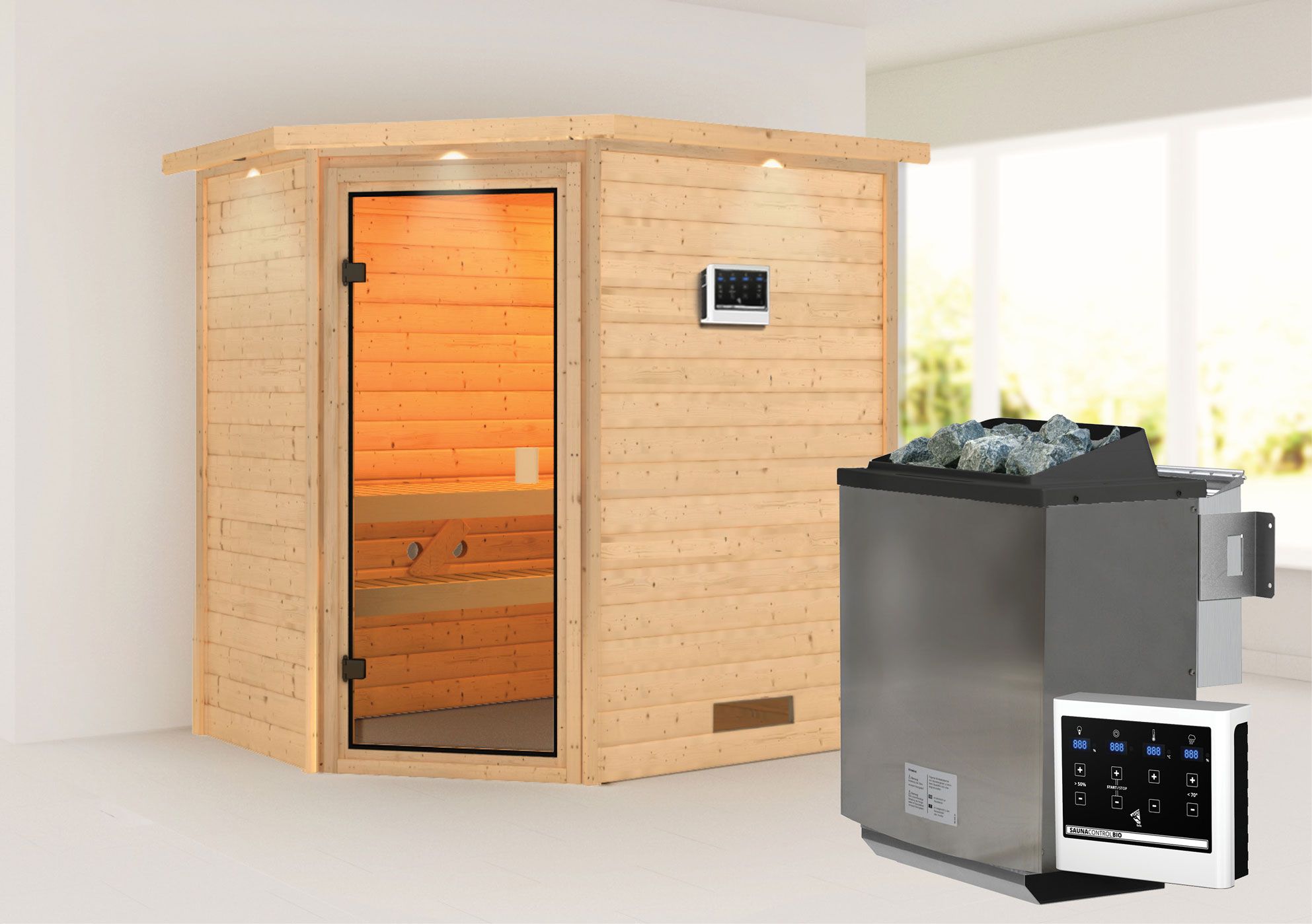 Sauna "Jannik" SET mit bronzierter Tür, Kranz & Ofen BIO 9 kW - 224 x 160 x 202 cm (B x T x H)