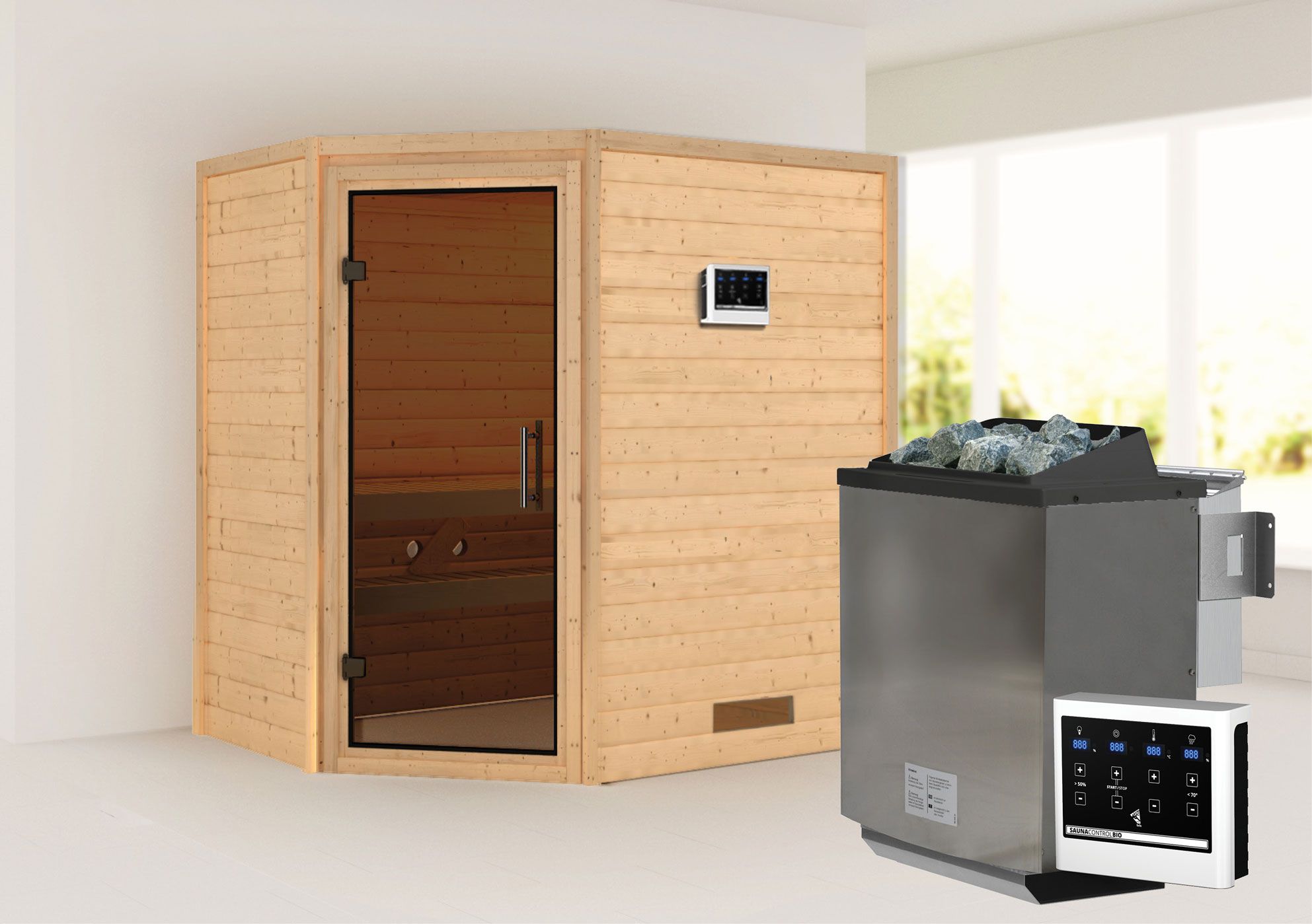 Sauna "Jannik" SET AKTION mit graphitfarbener Tür & Ofen BIO 9 kW - 196 x 146 x 198 cm (B x T x H)