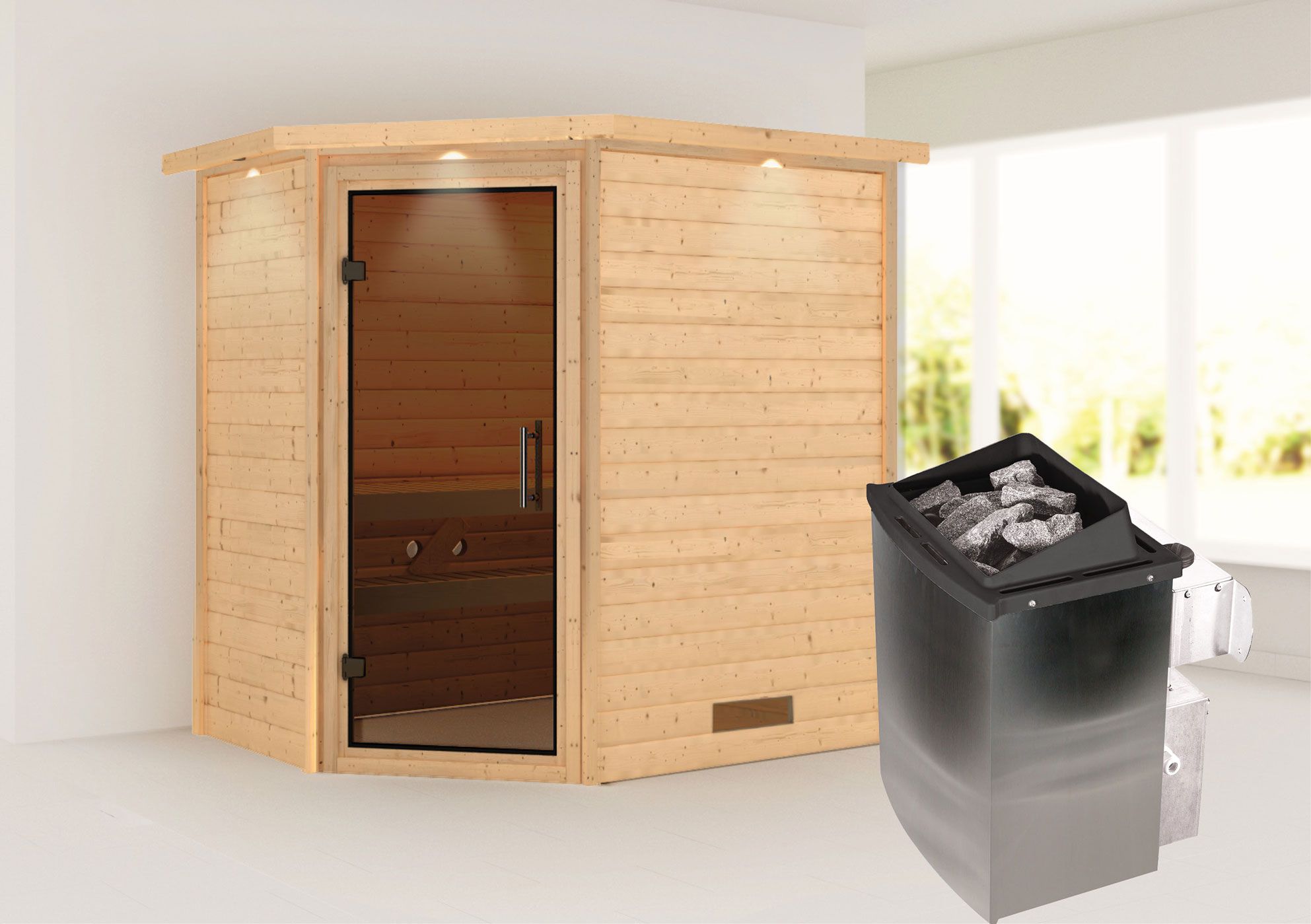 Sauna "Jannik" SET AKTION mit graphitfarbener Tür, Kranz & Ofen 9 kW - 224 x 160 x 202 cm (B x T x H)