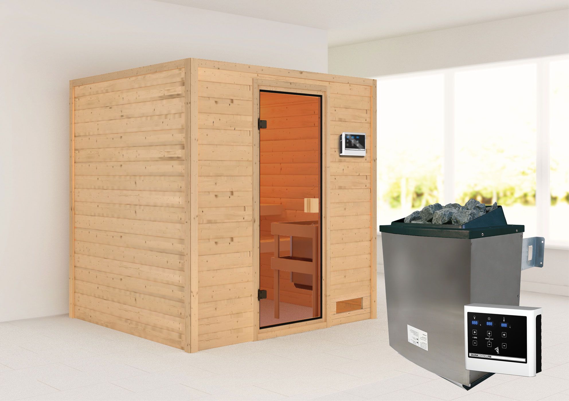 Sauna "Laerke" SET AKTION mit bronzierter Tür & Ofen externe Steuerung easy 9 KW - 196 x 170 x 198 cm (B x T x H)