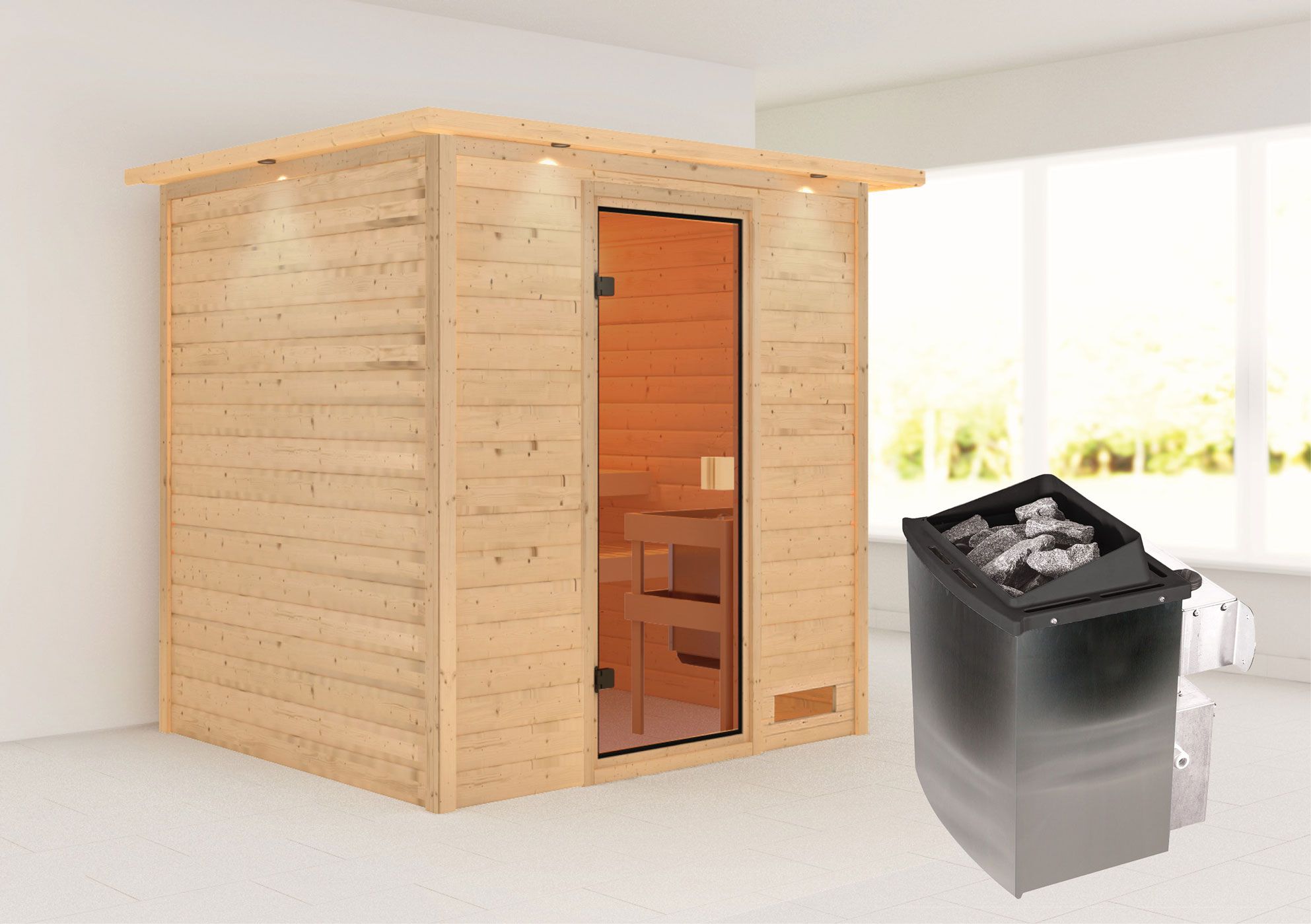 Sauna "Laerke" SET AKTION mit bronzierter Tür, Kranz & Ofen 9 kW - 224 x 184 x 202 cm (B x T x H)