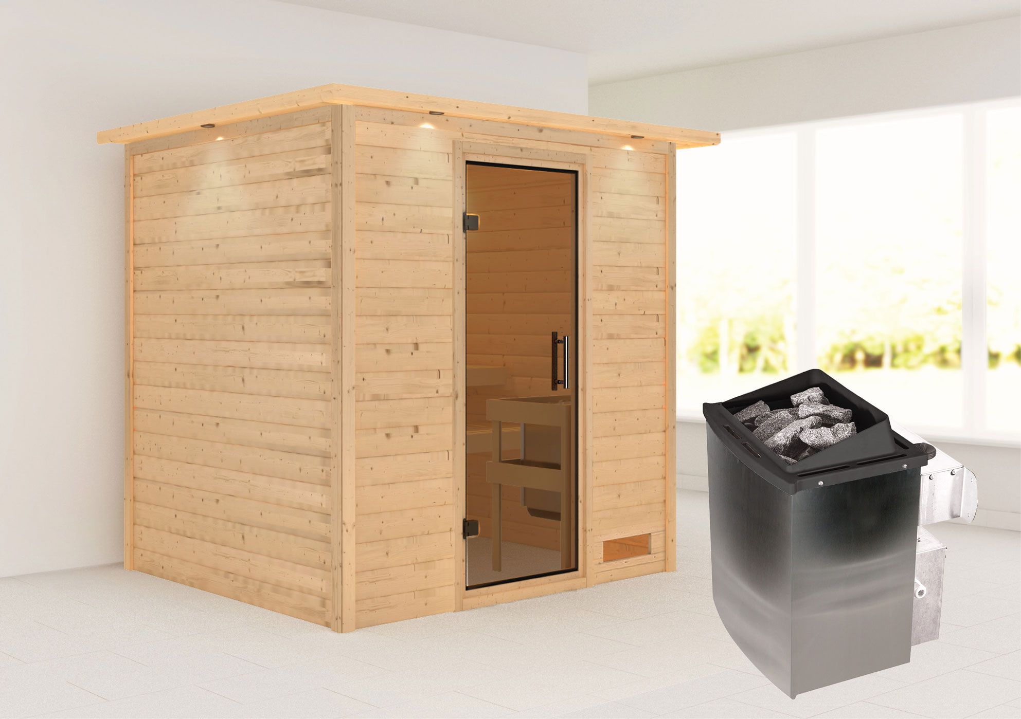 Sauna "Laerke" SET AKTION mit graphitfarbener Tür, Kranz & Ofen 9 kW - 224 x 184 x 202 cm (B x T x H)