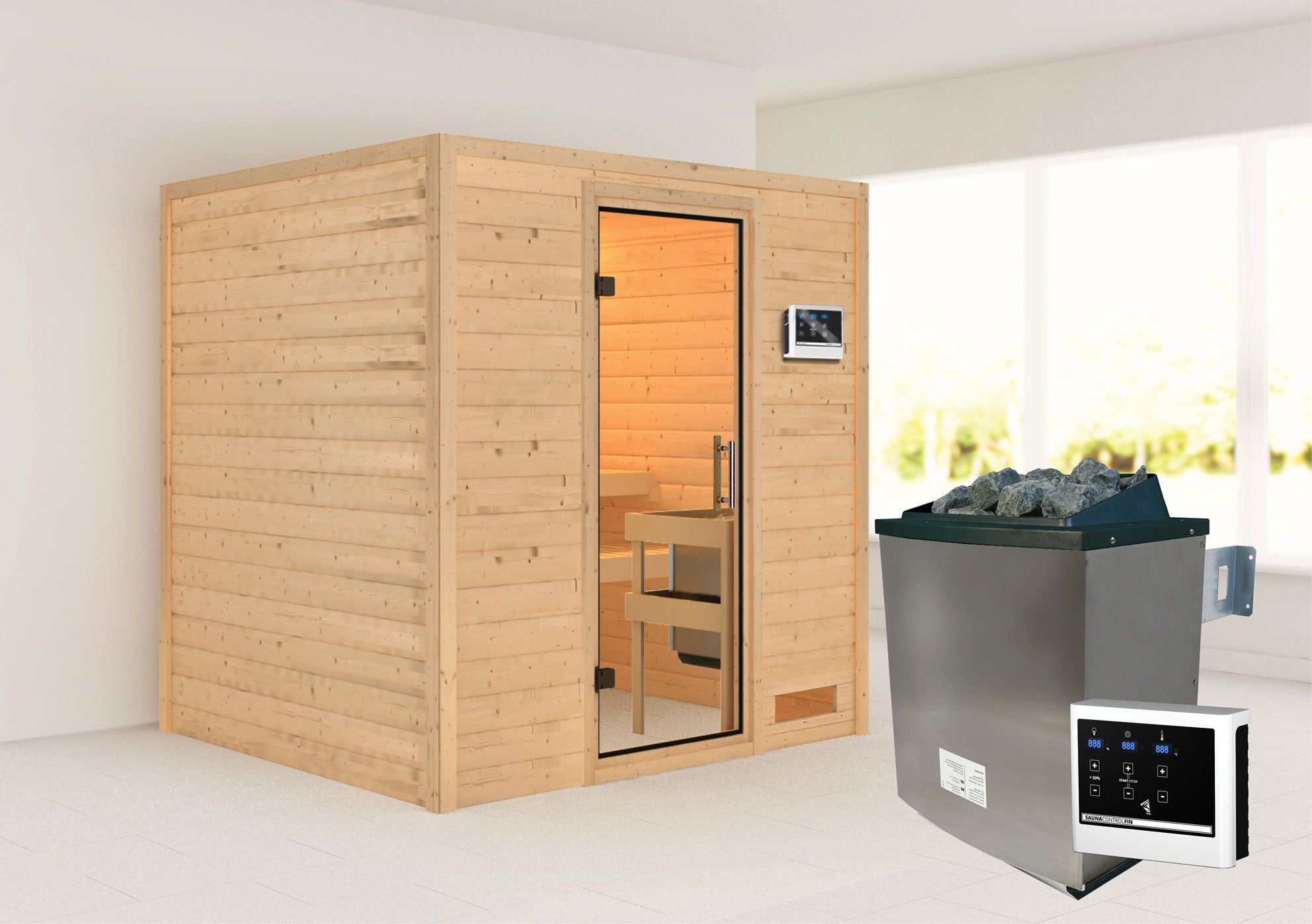 Sauna "Laerke" SET AKTION mit Klarglastür und Ofen externe Steuerung easy 9 KW - 196 x 170 x 198 cm (B x T x H)
