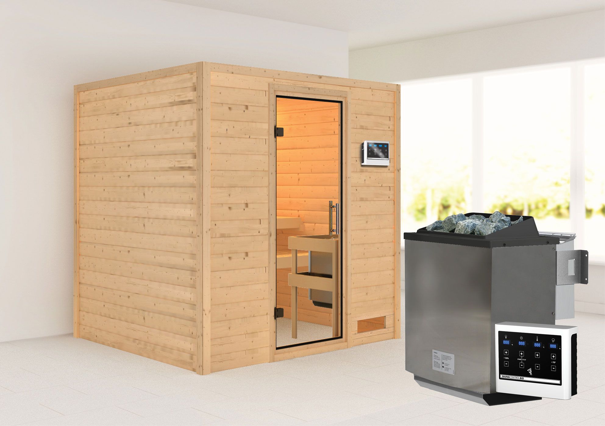 Sauna "Laerke" SET AKTION mit Klarglastür und Ofen BIO 9 kW - 196 x 170 x 198 cm (B x T x H)