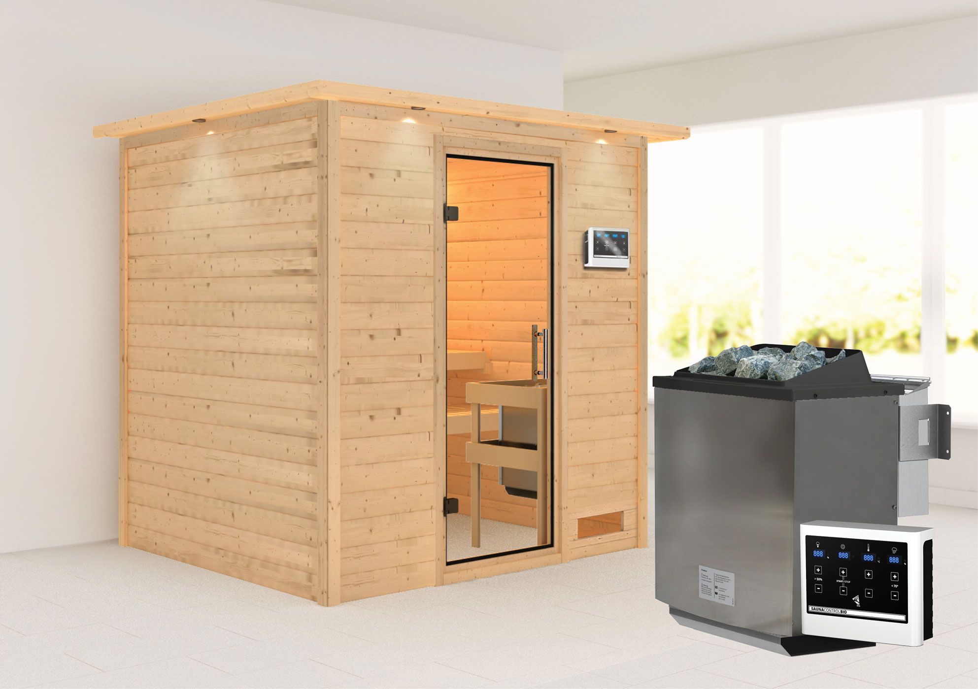 Sauna "Laerke" SET AKTION mit Klarglastür, Kranz & Ofen BIO 9 kW - 224 x 184 x 202 cm (B x T x H)