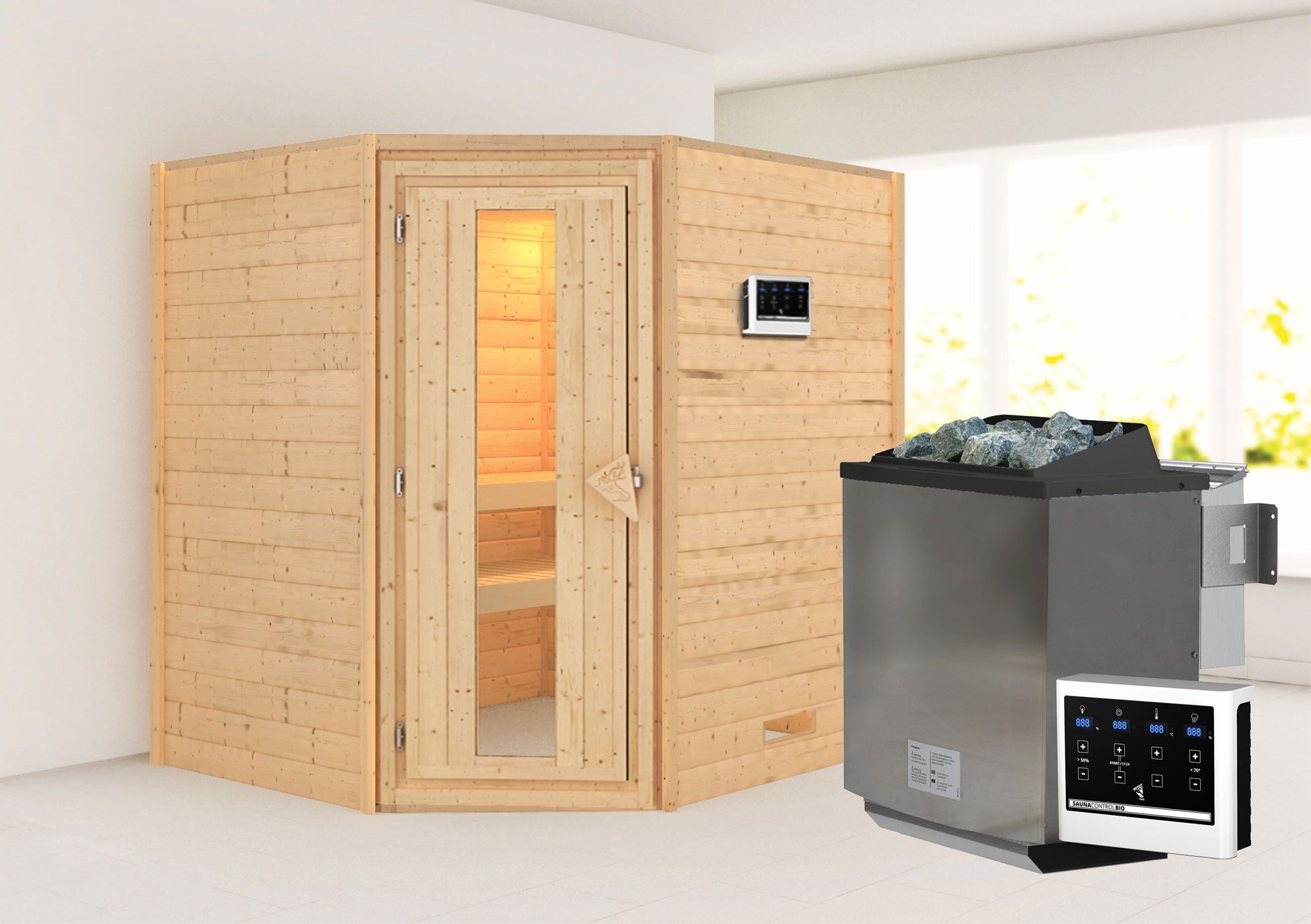 Sauna "Kirsa" SET AKTION mit Energiespartür und Ofen BIO 9 kW - 196 x 170 x 198 cm (B x T x H)