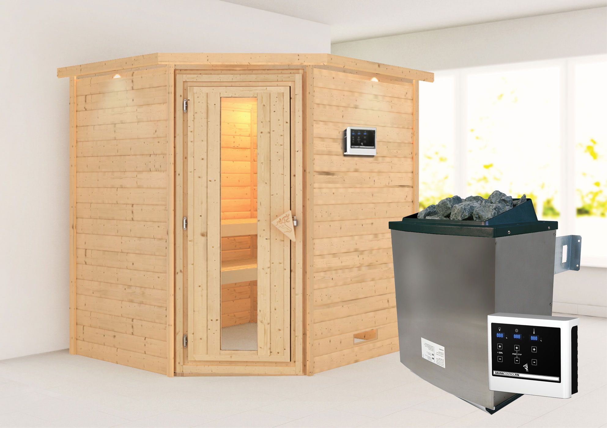 Sauna "Kirsa" SET AKTION mit Kranz, Energiespartür & Ofen externe Steuerung easy 9 KW - 224 x 184 x 202 cm (B x T x H)