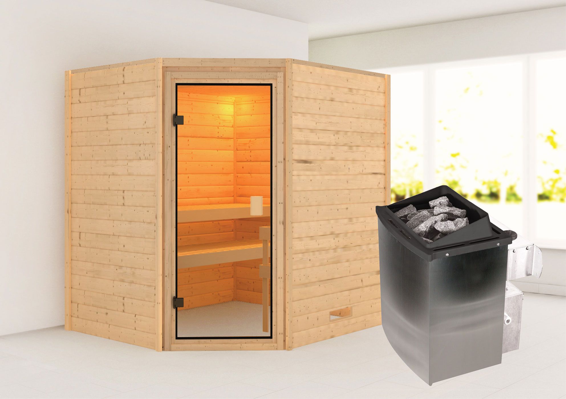 Sauna "Kirsa" SET AKTION mit bronzierter Tür & Ofen 9 kW - 196 x 170 x 198 cm (B x T x H)