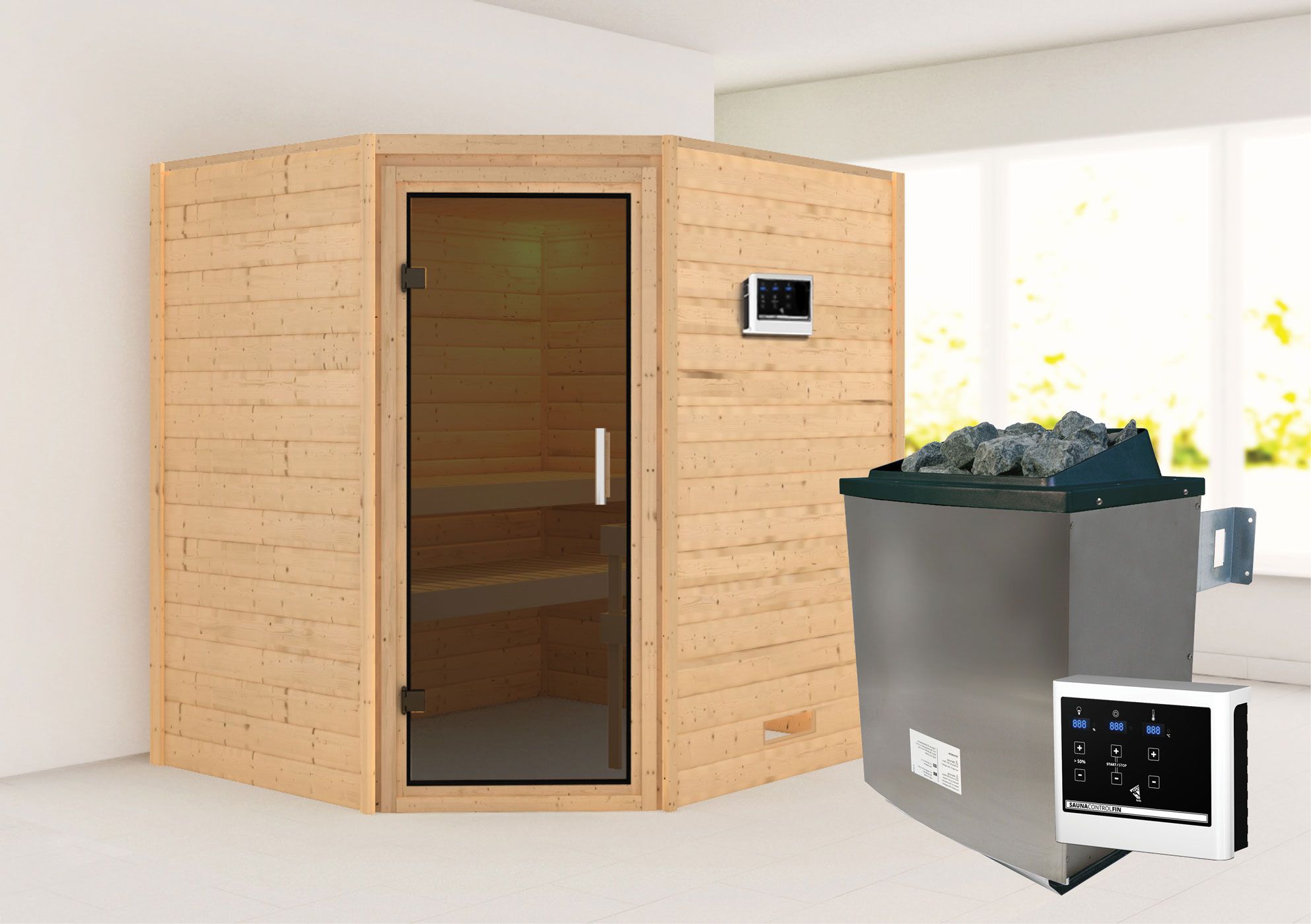 Sauna "Kirsa" SET AKTION mit graphitfarbener Tür & Ofen externe Steuerung easy 9 KW - 196 x 170 x 198 cm (B x T x H)