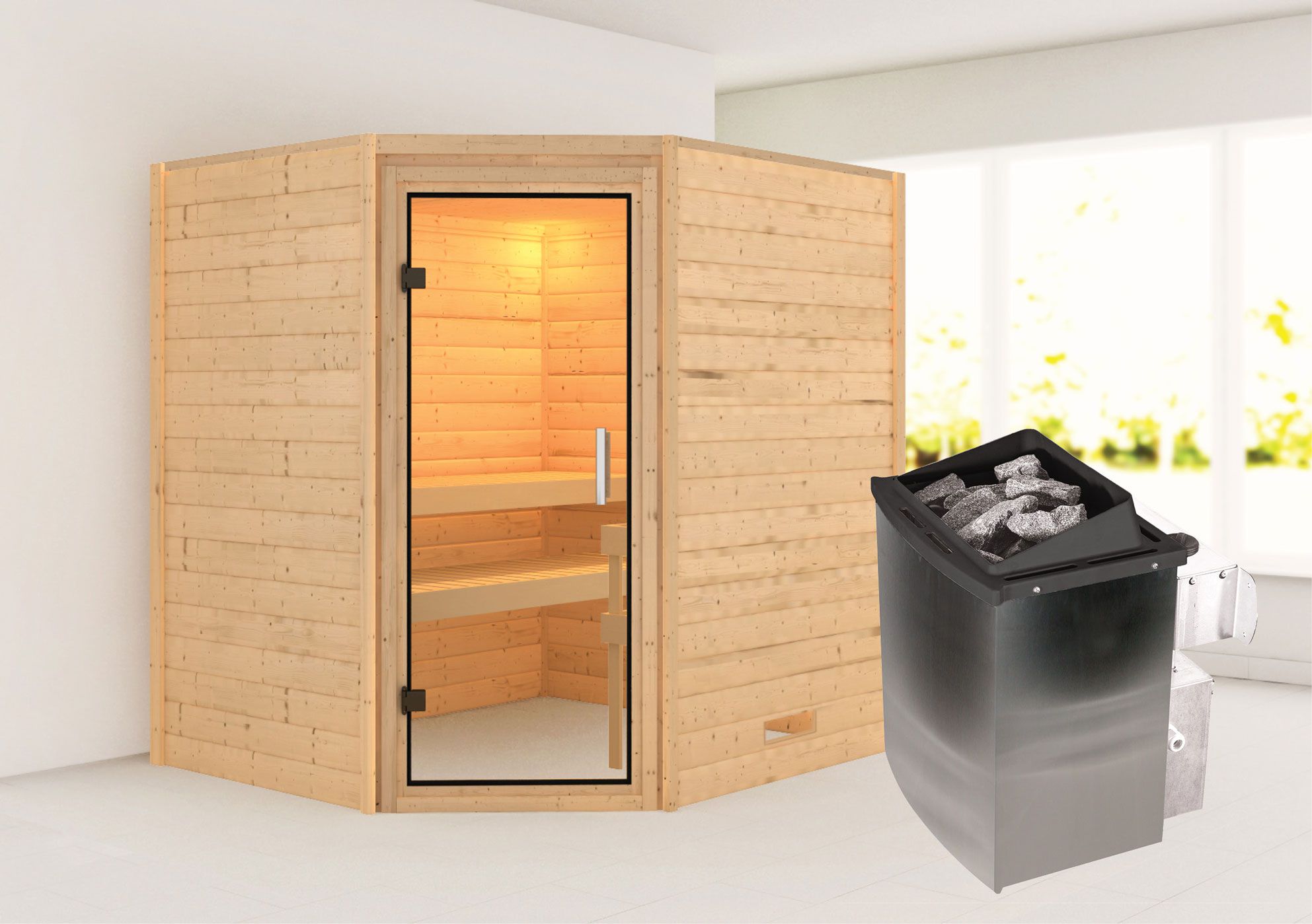 Sauna "Kirsa" SET AKTION 2 mit Klarglastür und Ofen 9 kW - 196 x 170 x 198 cm (B x T x H)