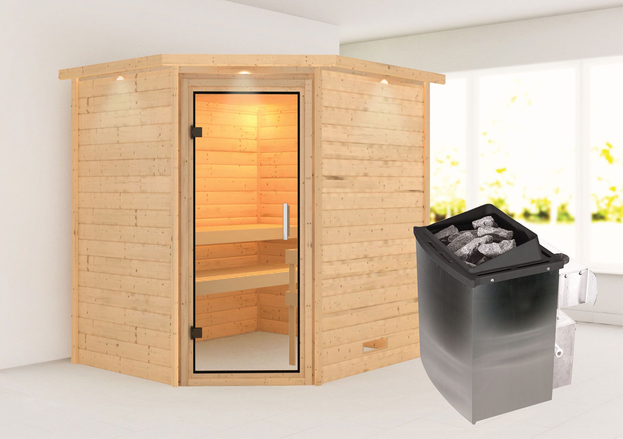 Sauna "Kirsa" SET AKTION mit Klarglastür, Kranz & Ofen 9 kW - 224 x 184 x 202 cm (B x T x H)