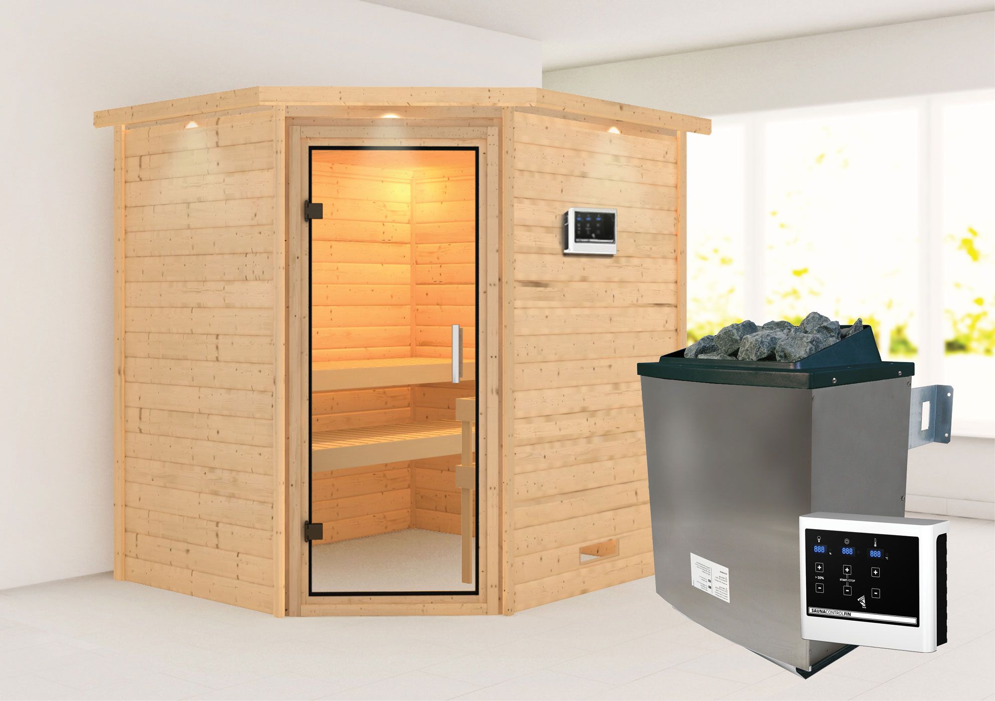 Sauna "Kirsa" SET AKTION mit Klarglastür, Kranz & Ofen externe Steuerung easy 9 KW - 224 x 184 x 202 cm (B x T x H)
