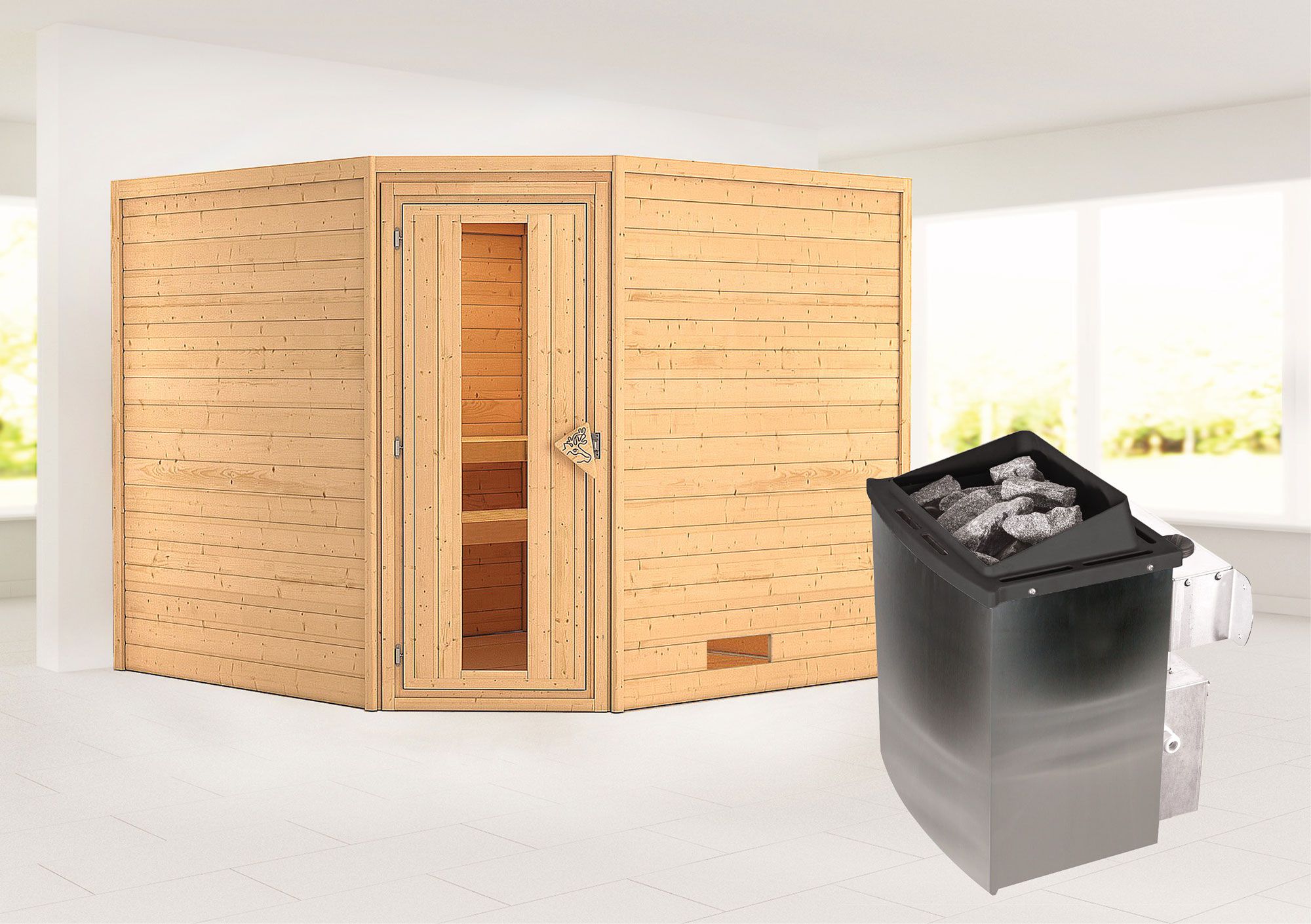 Sauna "Anesa" SET AKTION mit Energiespartür und Ofen 9 kW - 231 x 231 x 198 cm (B x T x H)
