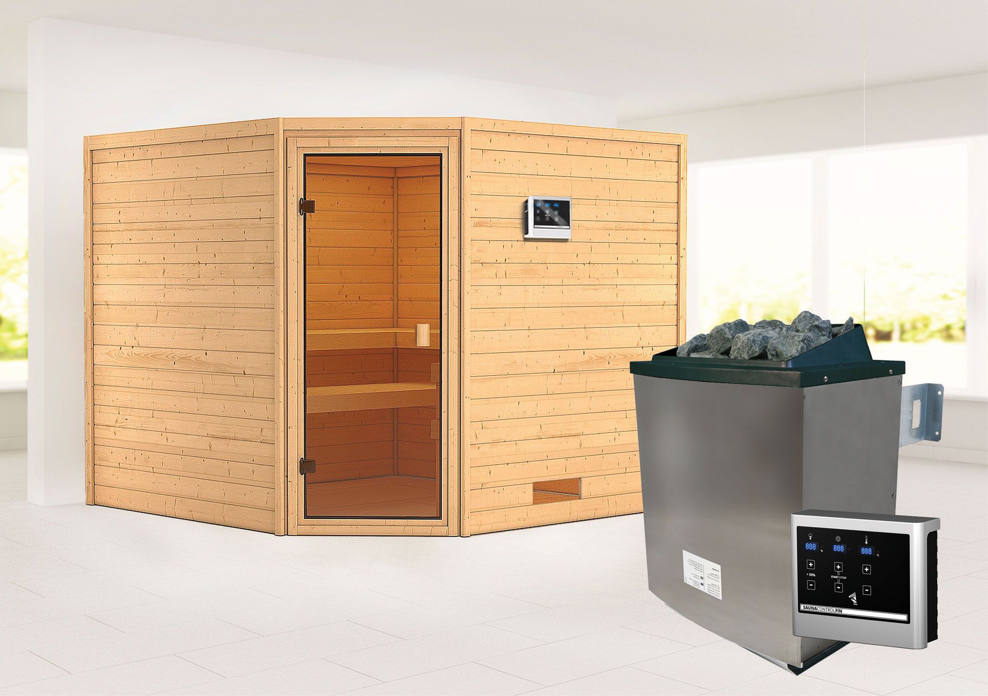 Sauna "Anesa" SET mit bronzierter Tür und Ofen externe Steuerung easy 9 KW - 231 x 231 x 198 cm (B x T x H)