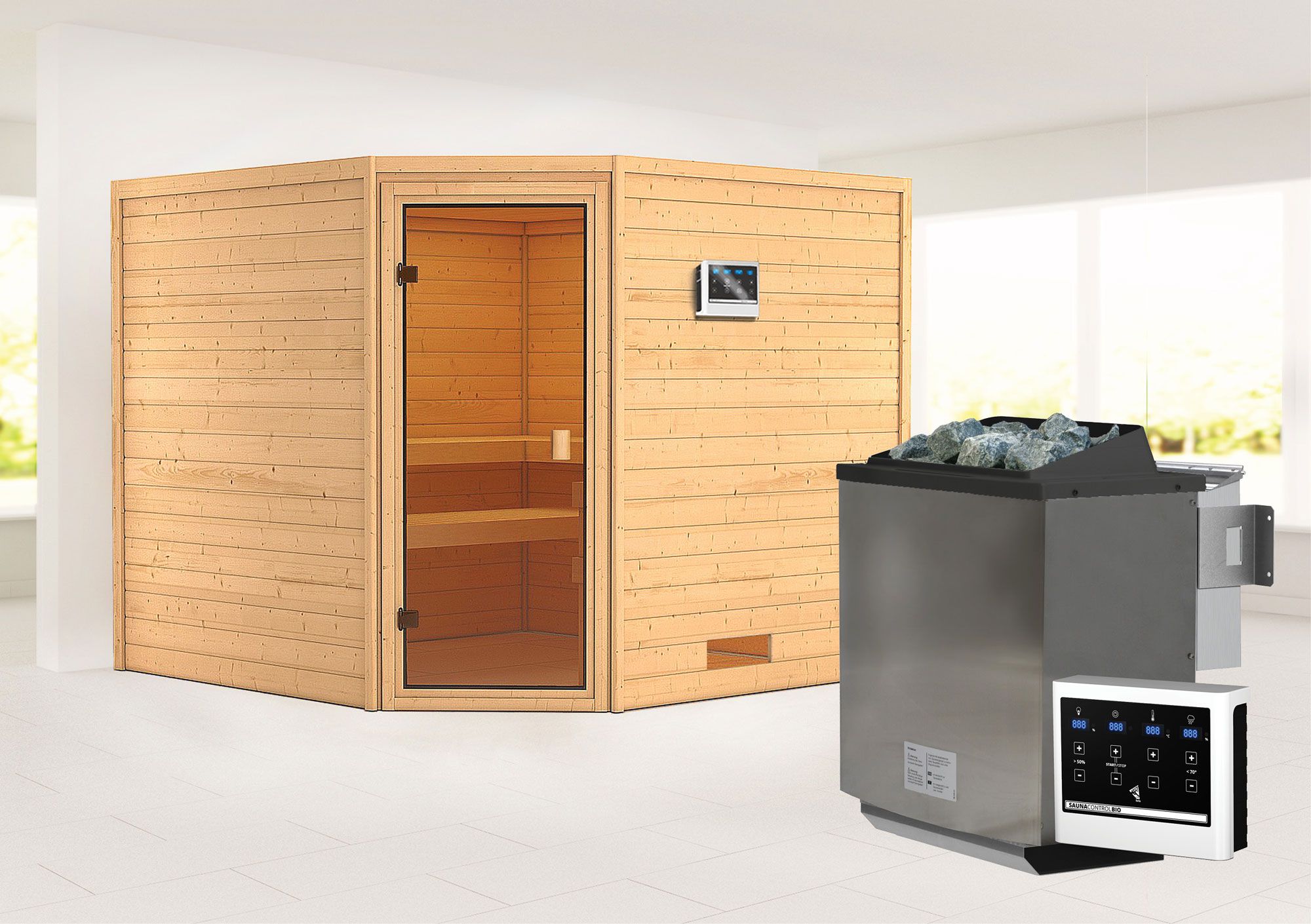 Sauna "Anesa" SET mit bronzierter Tür und Ofen BIO 9 kW - 231 x 231 x 198 cm (B x T x H)