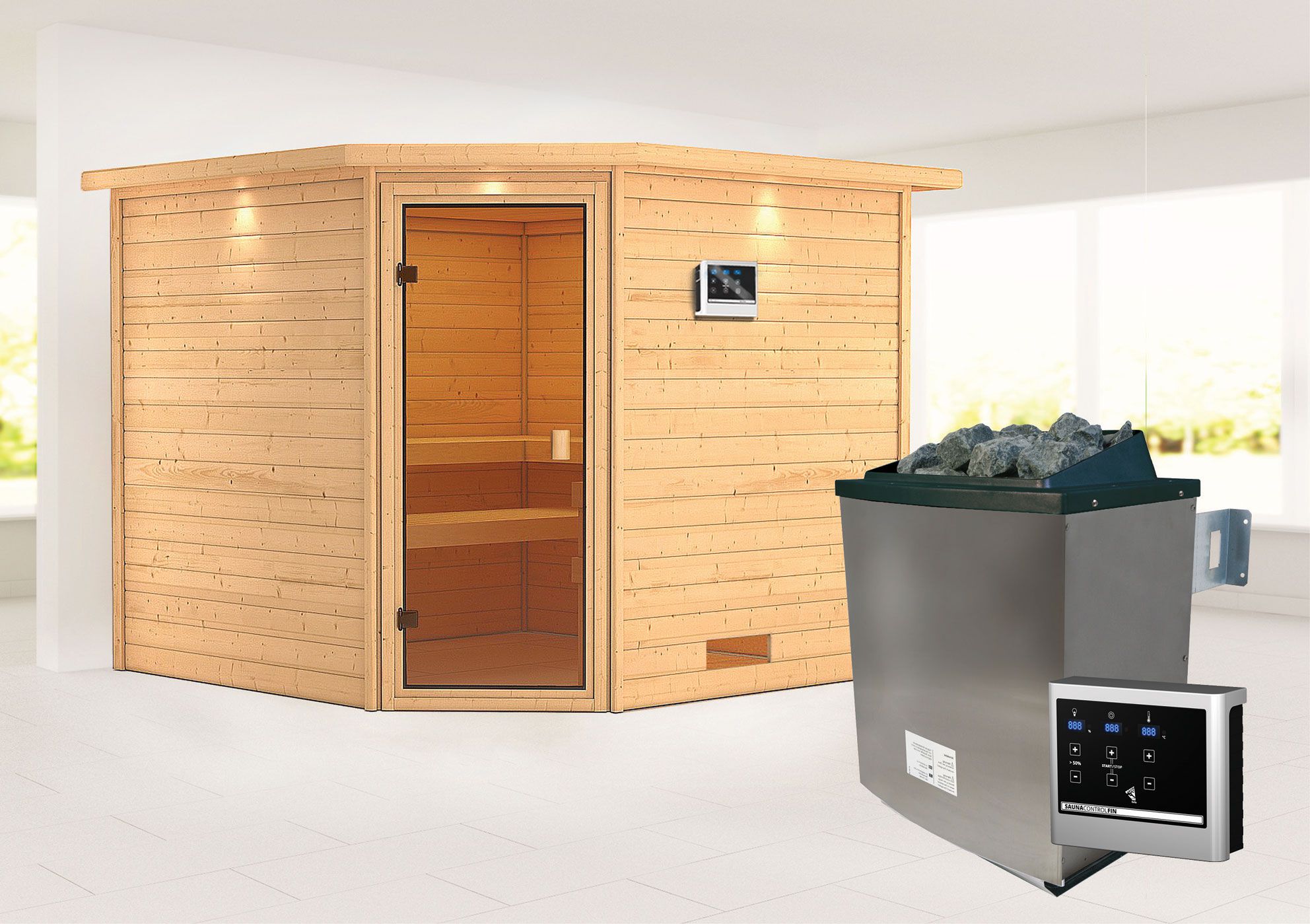 Sauna "Anesa" AKTION mit Kranz, bronzierter Tür und Ofen externe Steuerung easy 9 KW - 259 x 245 x 202 cm (B x T x H)