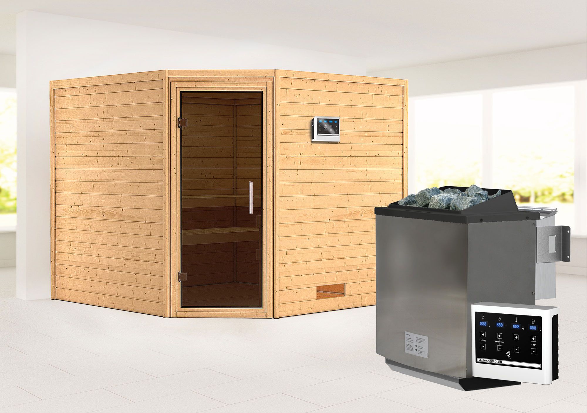 Sauna "Anesa" SET AKTION mit graphitfarbener Tür & Ofen BIO 9 kW - 231 x 231 x 198 cm (B x T x H)