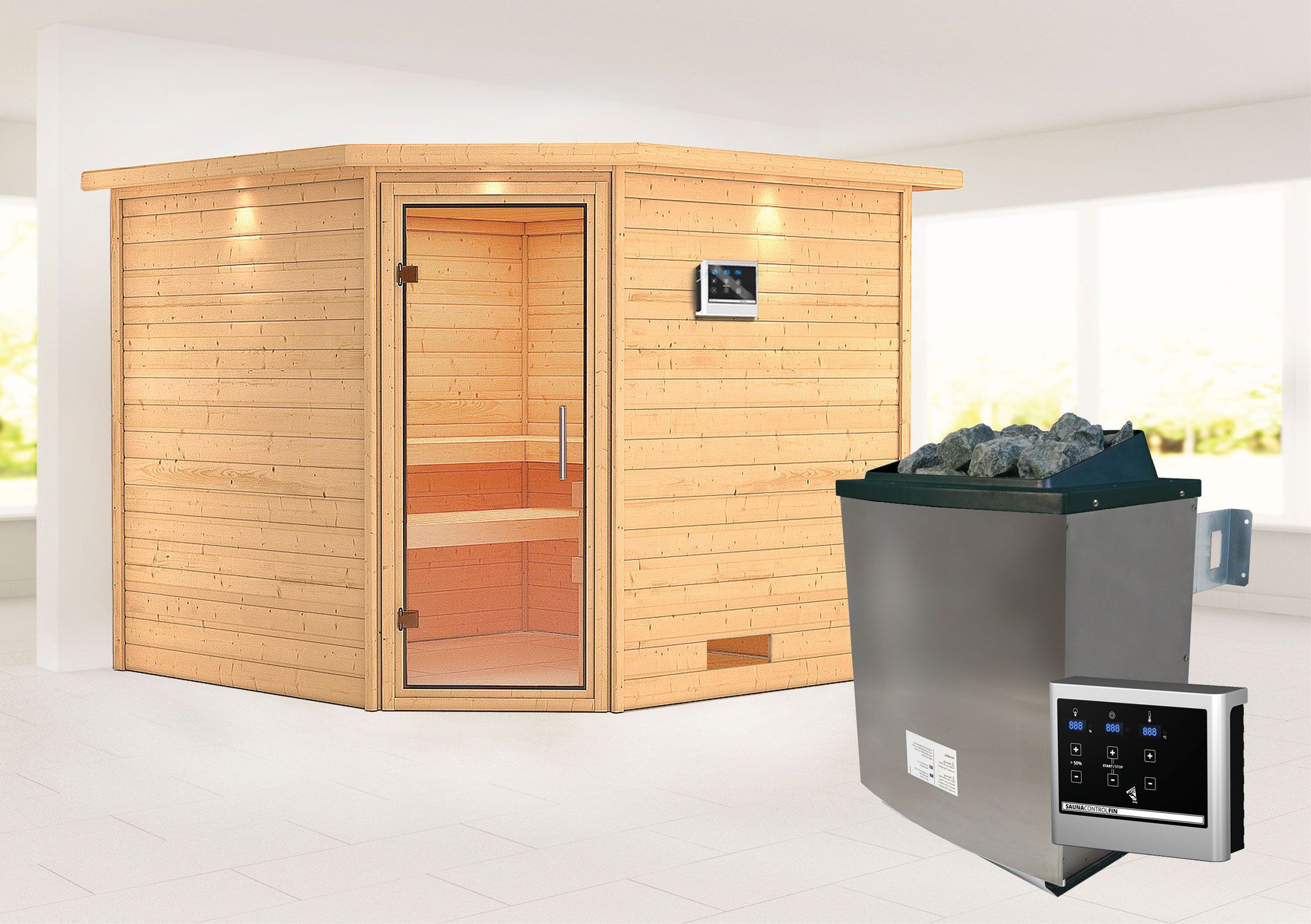 Sauna "Anesa" SET AKTION mit Klarglastür, Kranz & Ofen externe Steuerung easy 9 KW - 259 x 245 x 202 cm (B x T x H)