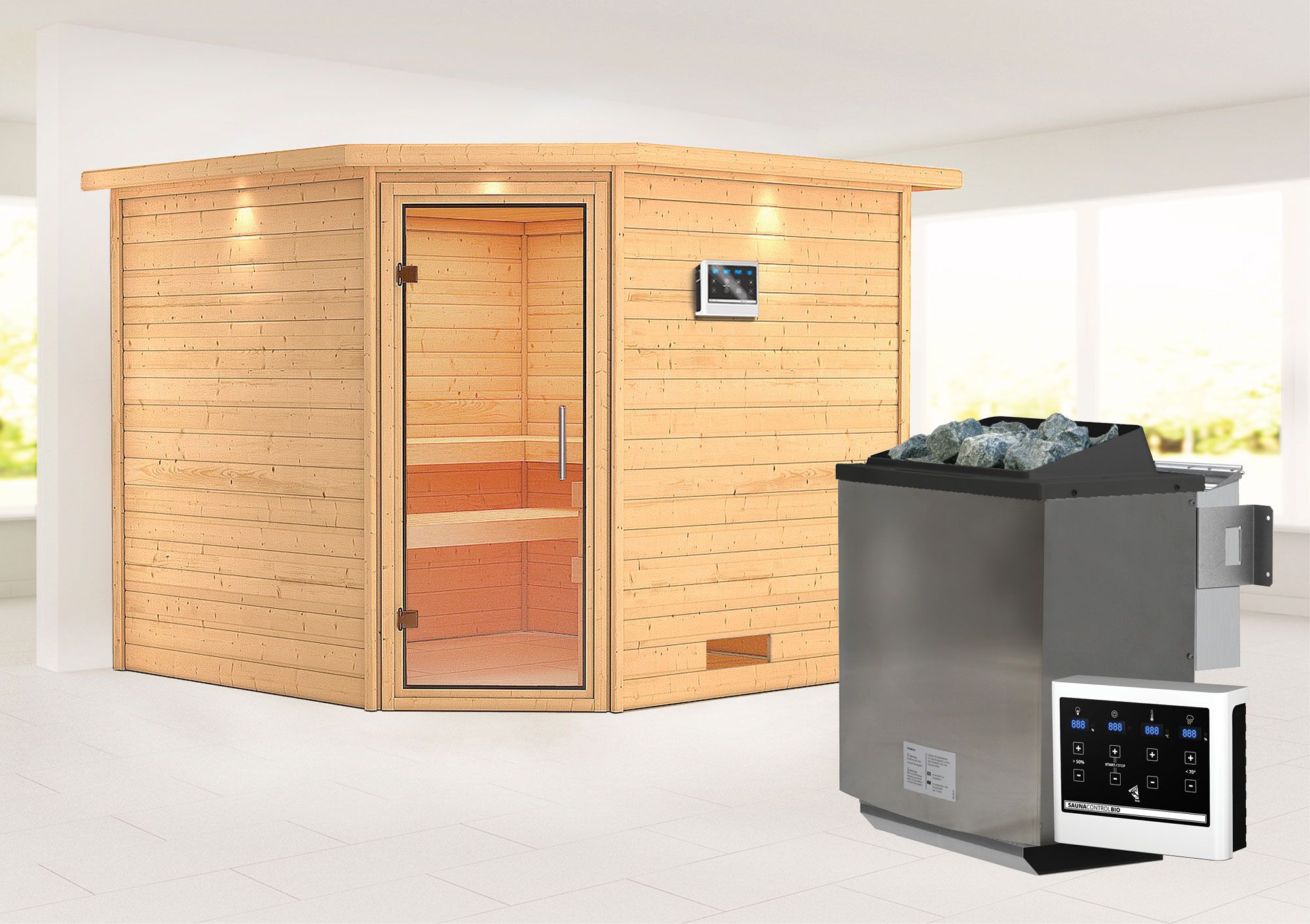 Sauna "Anesa" SET AKTION mit Klarglastür, Kranz & Ofen BIO 9 kW - 259 x 245 x 202 cm (B x T x H)