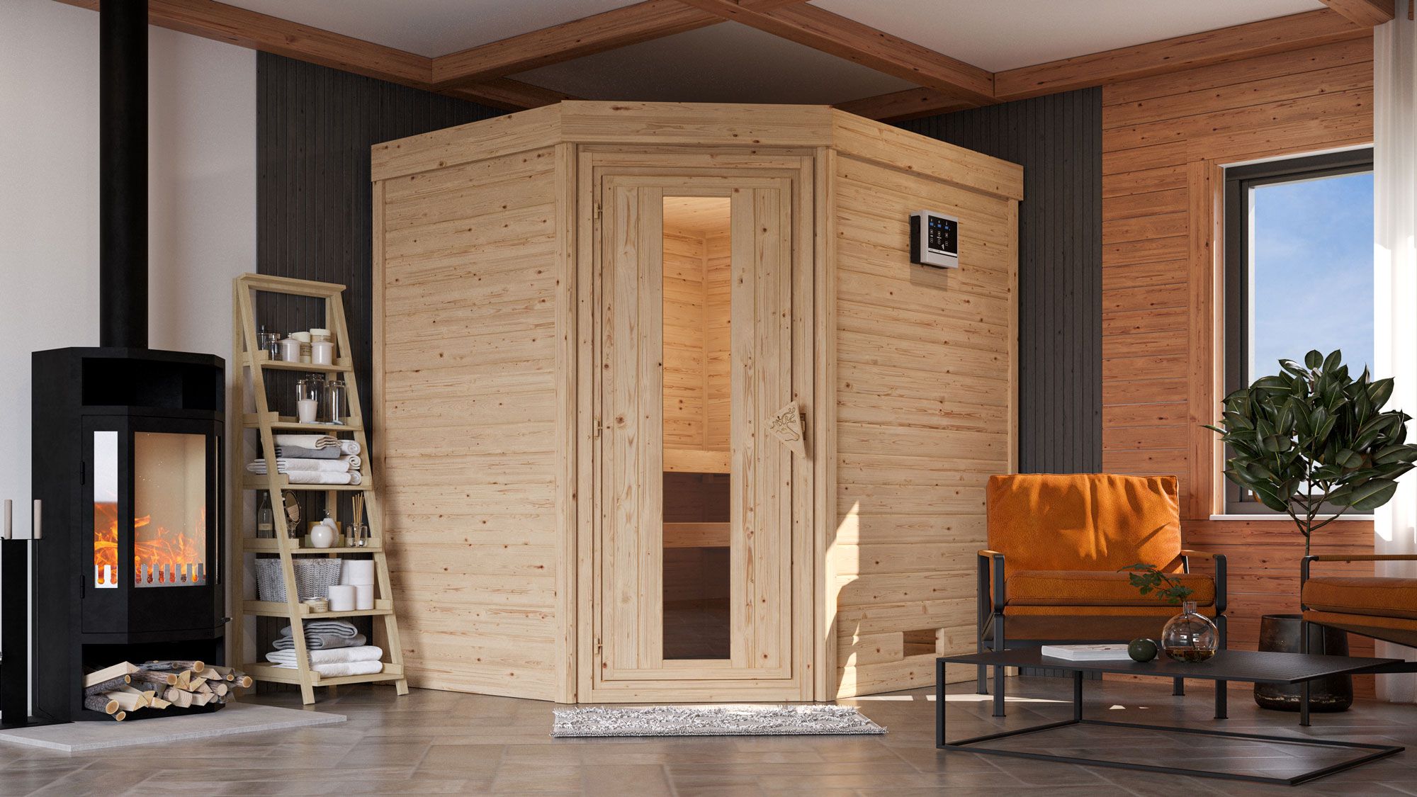 Sauna "Jerik" SET - Farbe: Natur, Ofen externe Steuerung easy 3,6 kW - 196 x 170 x 208 cm (B x T x H)