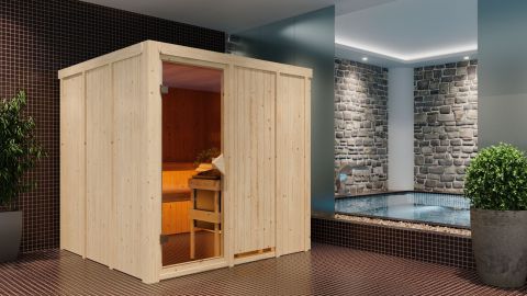 Sauna Greta 03, 68 mm Wandstärke - 196 x 196 x 198 cm (B x T x H) - Ausführung:inkl. Bio-Ofen mit externer Steuerung