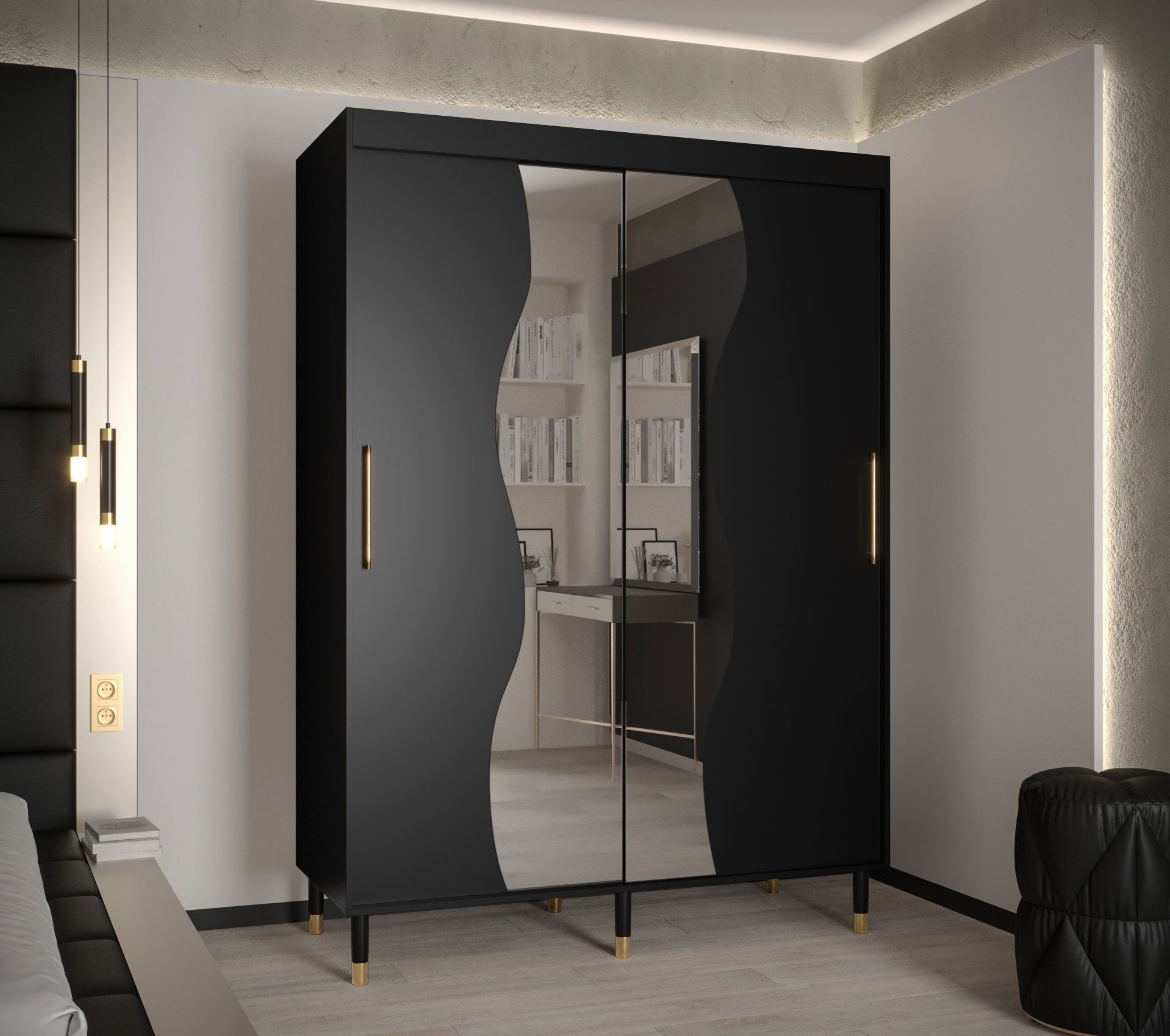 Kleiderschrank im modernen Design Jotunheimen 186, Farbe: Schwarz - Abmessungen: 208 x 150,5 x 62 cm (H x B x T)