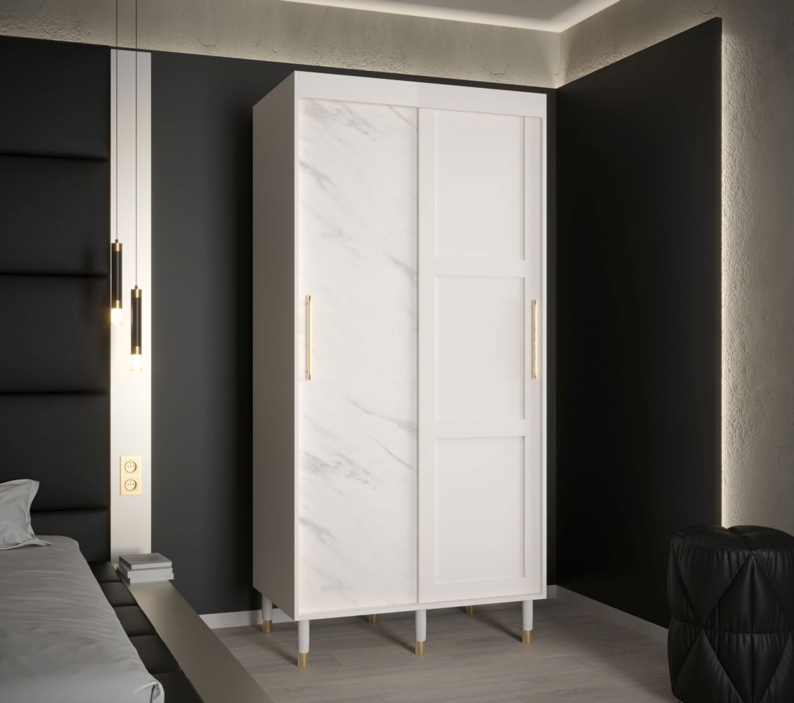 Eleganter Kleiderschrank mit Marmor Design Jotunheimen 85, Farbe: Weiß - Abmessungen: 208 x 100,5 x 62 cm (H x B x T)