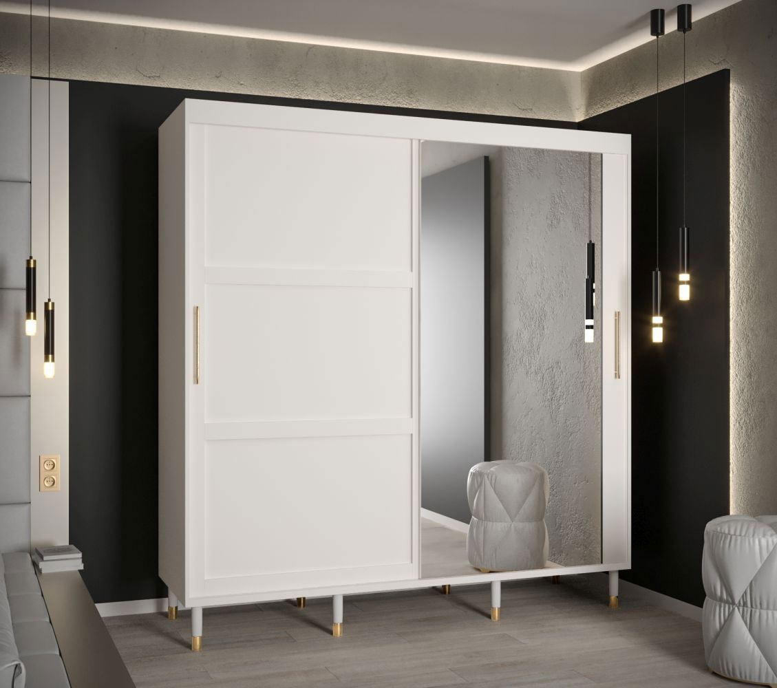 Großer Kleiderschrank mit einer Spiegeltür Jotunheimen 81, Farbe: Weiß - Abmessungen: 208 x 200,5 x 62 cm (H x B x T)