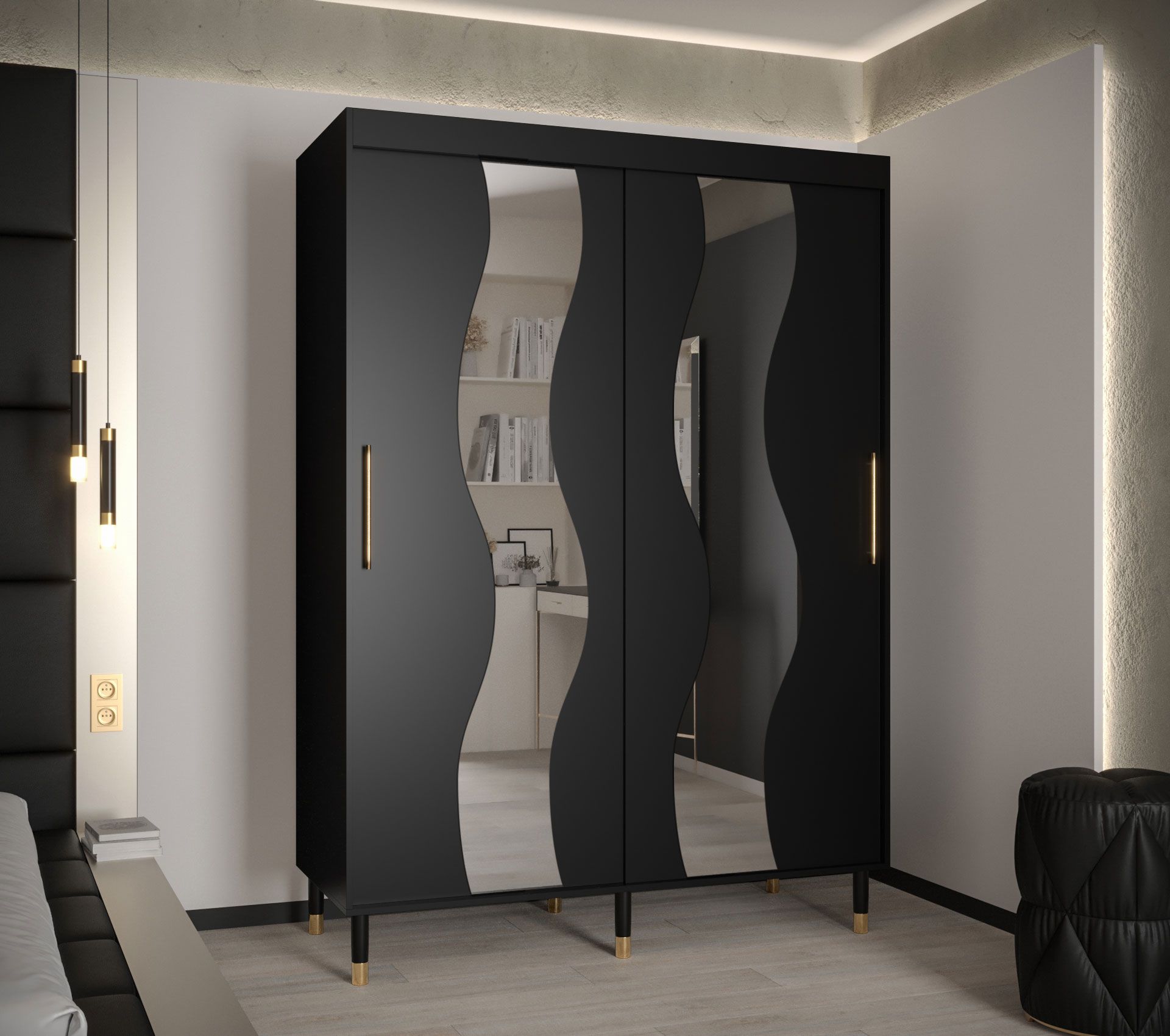 Eleganter Schiebetürenschrank mit Spiegel Jotunheimen 222, Farbe: Schwarz - Abmessungen: 208 x 150,5 x 62 cm (H x B x T)