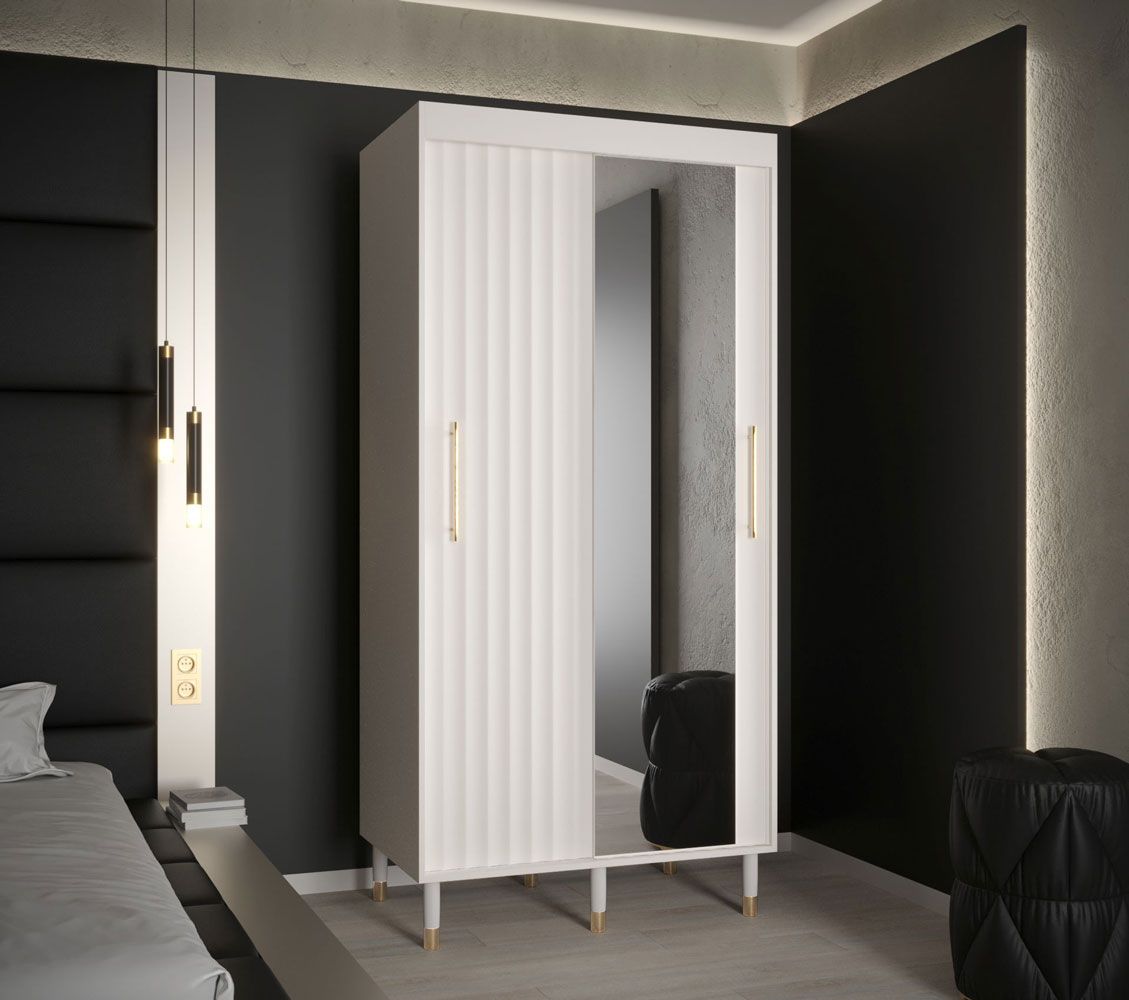Schmaler Kleiderschrank mit einer Spiegeltür Jotunheimen 145, Farbe: Weiß - Abmessungen: 208 x 100,5 x 62 cm (H x B x T)