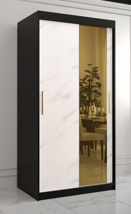 Moderner Kleiderschrank mit erfrischenden Design Hochfeiler 50, Farbe: Schwarz / Weißer Marmor - Abmessungen: 200 x 100 x 62 cm (H x B x T), mit fünf Fächern und einen Spiegel