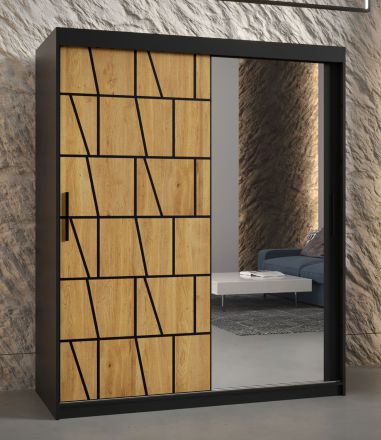 Edler Kleiderschrank mit Musterfront Olperer 16, Farbe: Schwarz matt - Abmessungen: 200 x 150 x 62 cm (H x B x T), mit Spiegel