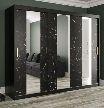 Dreitüriger Kleiderschrank mit drei Spiegel Ätna 21, Farbe: Schwarz matt / Schwarzer Marmor - Abmessungen: 200 x 250 x 62 cm (H x B x T), mit genügend Stauraum