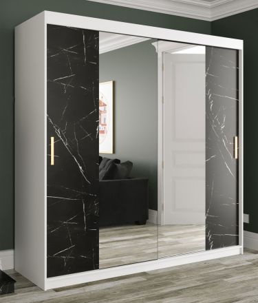 Außergewöhnlicher Kleiderschrank mit großen Spiegel Ätna 67, Farbe: Weiß matt / Schwarzer Marmor - Abmessungen: 200 x 200 x 62 cm (H x B x T), mit 10 Fächern und zwei Kleiderstangen